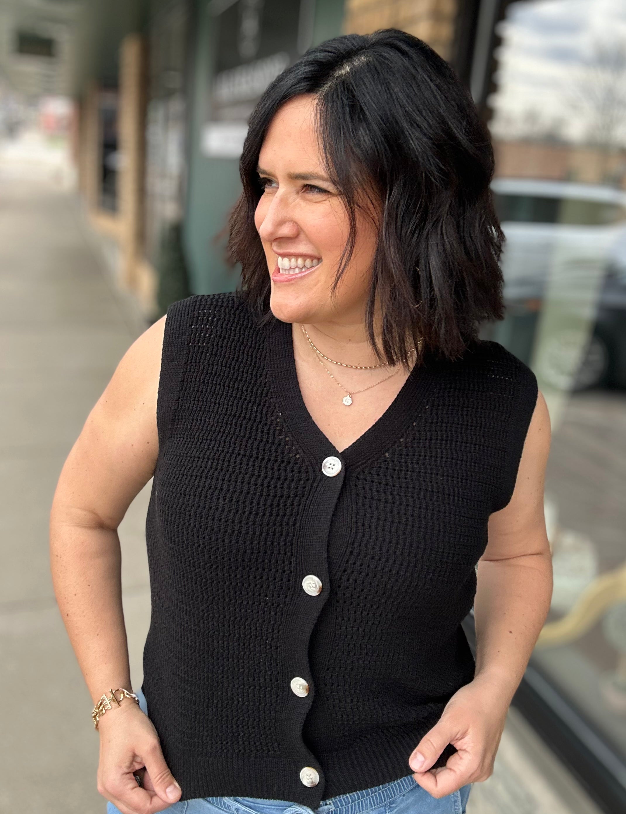 Black Crochet Button Up Sleeveless Vest Top - Sweater STACCATO