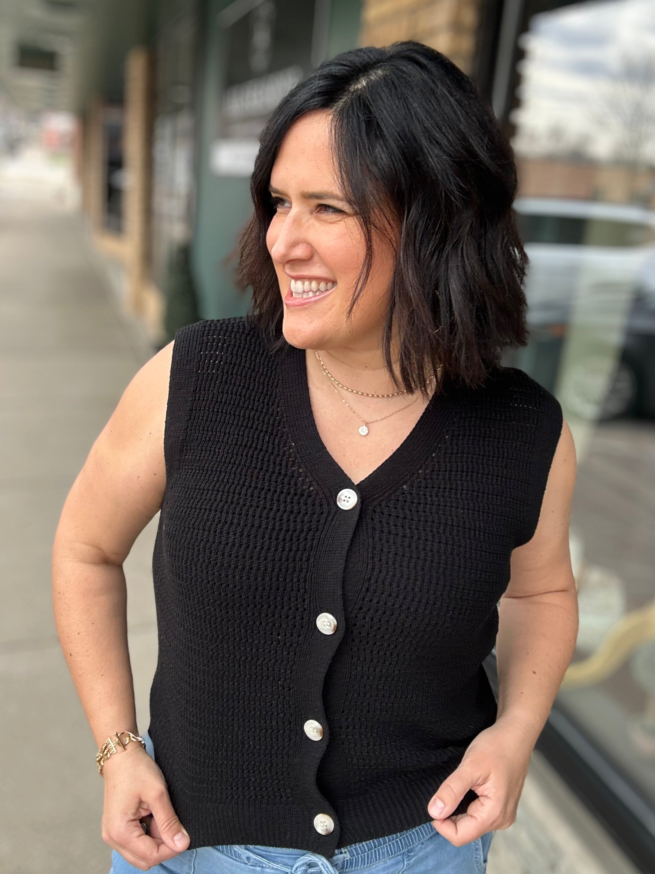 Black Crochet Button Up Sleeveless Vest Top - Sweater STACCATO