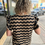 Camel & Black Wavy Stripe Ruffle Sleeve Top
