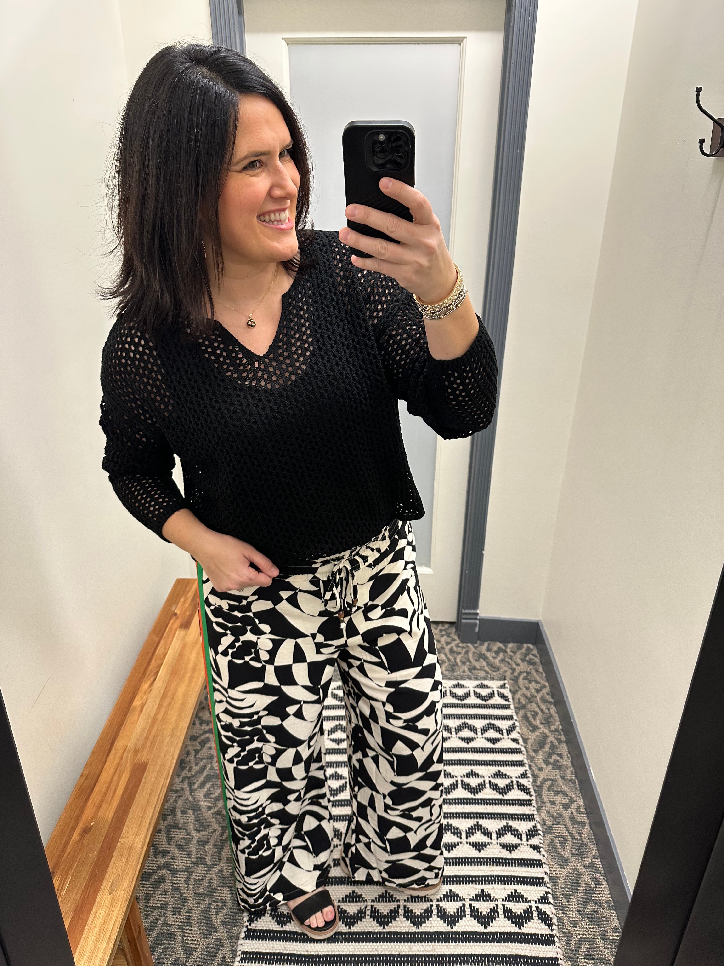 Black Split Neck Open Knit Sweater Top - Sweater DOE & RAE