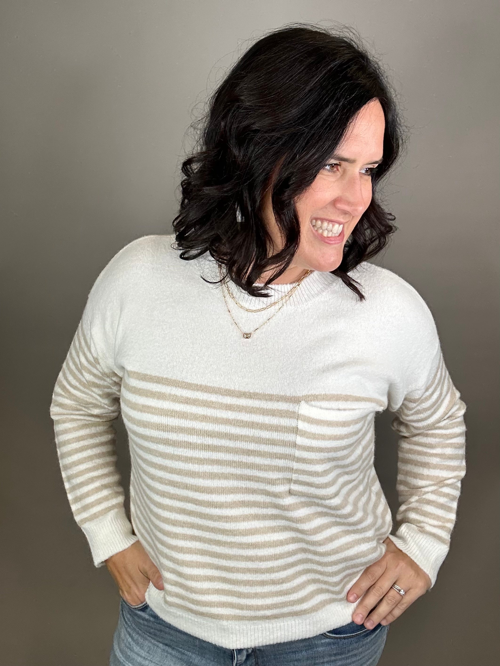 Creamy Oat Striped Pocket Sweater Top - Sweater STACCATO