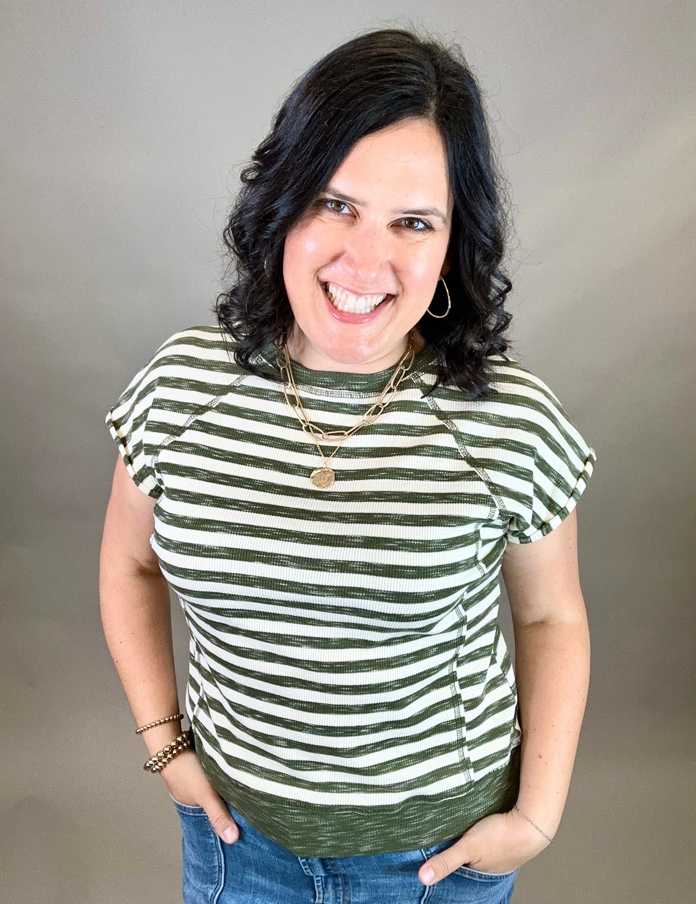 Olive Striped Exposed Stitch Top Top - Tee STACCATO