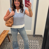 Ivory & Blue Split Neck Sweater Top - Sweater STACCATO