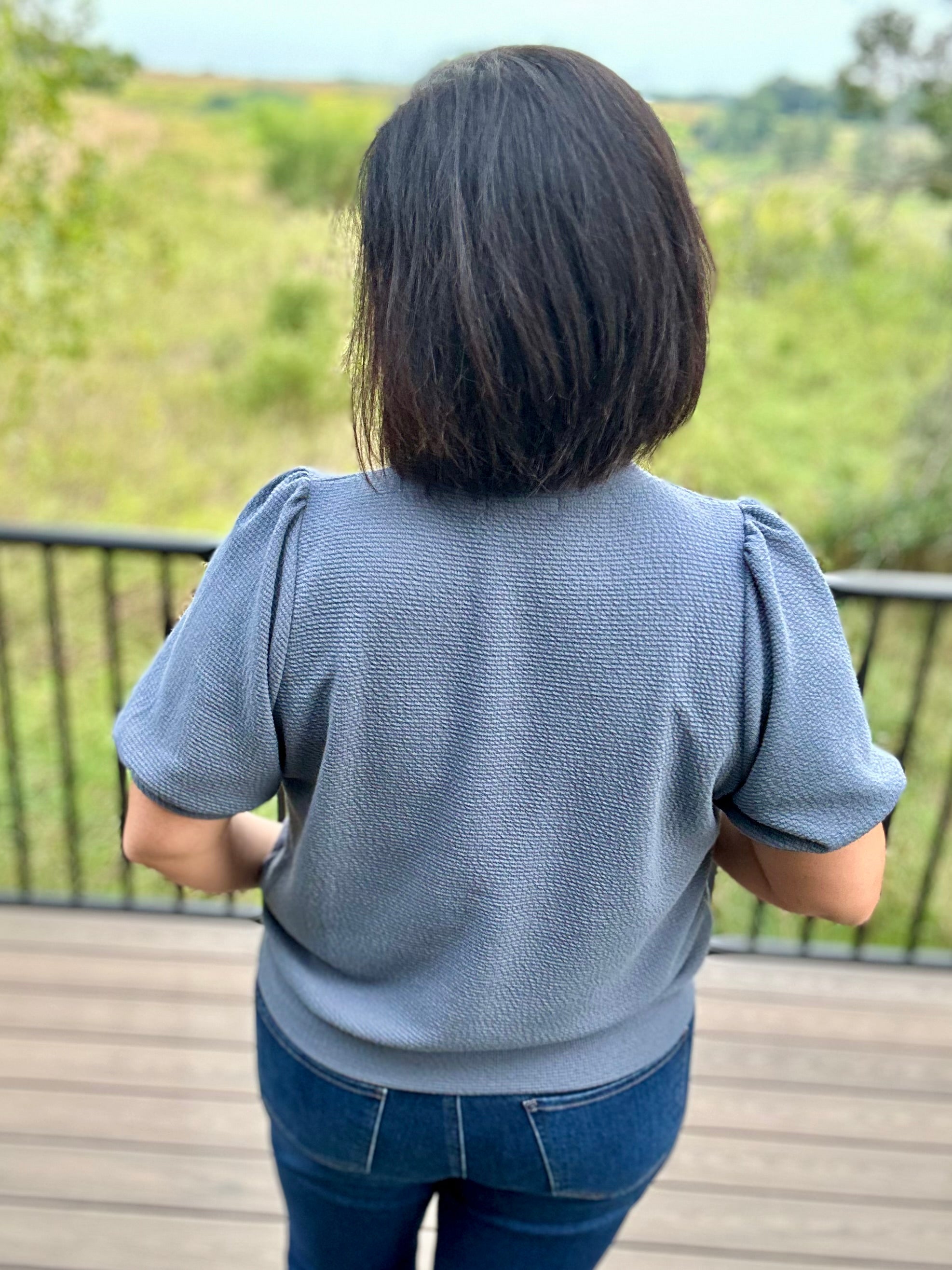Denim Cloud Knit Puff Sleeve Top Top - Tee TRES BIEN