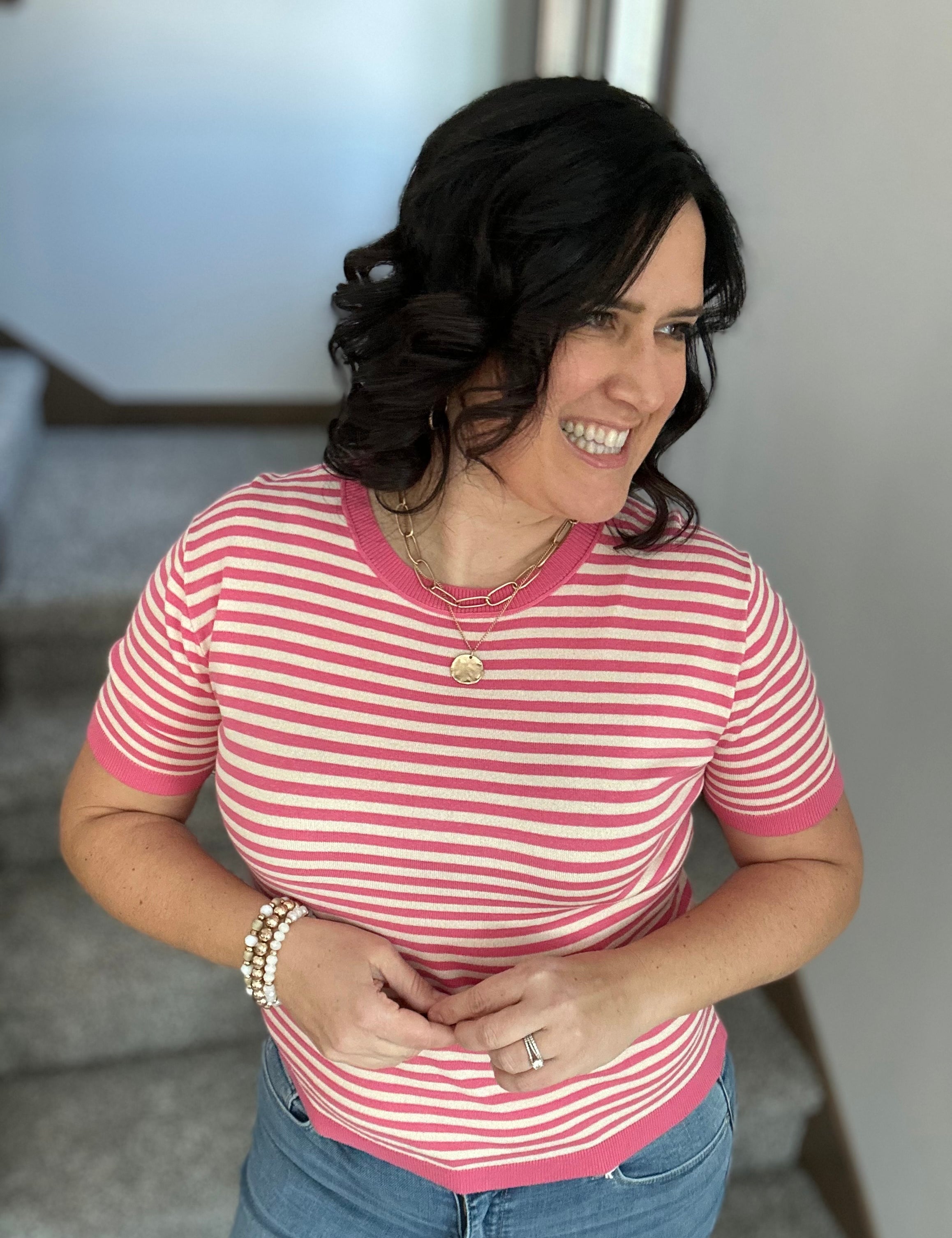 Pink Striped Half Sleeve Sweater Top - Sweater STACCATO