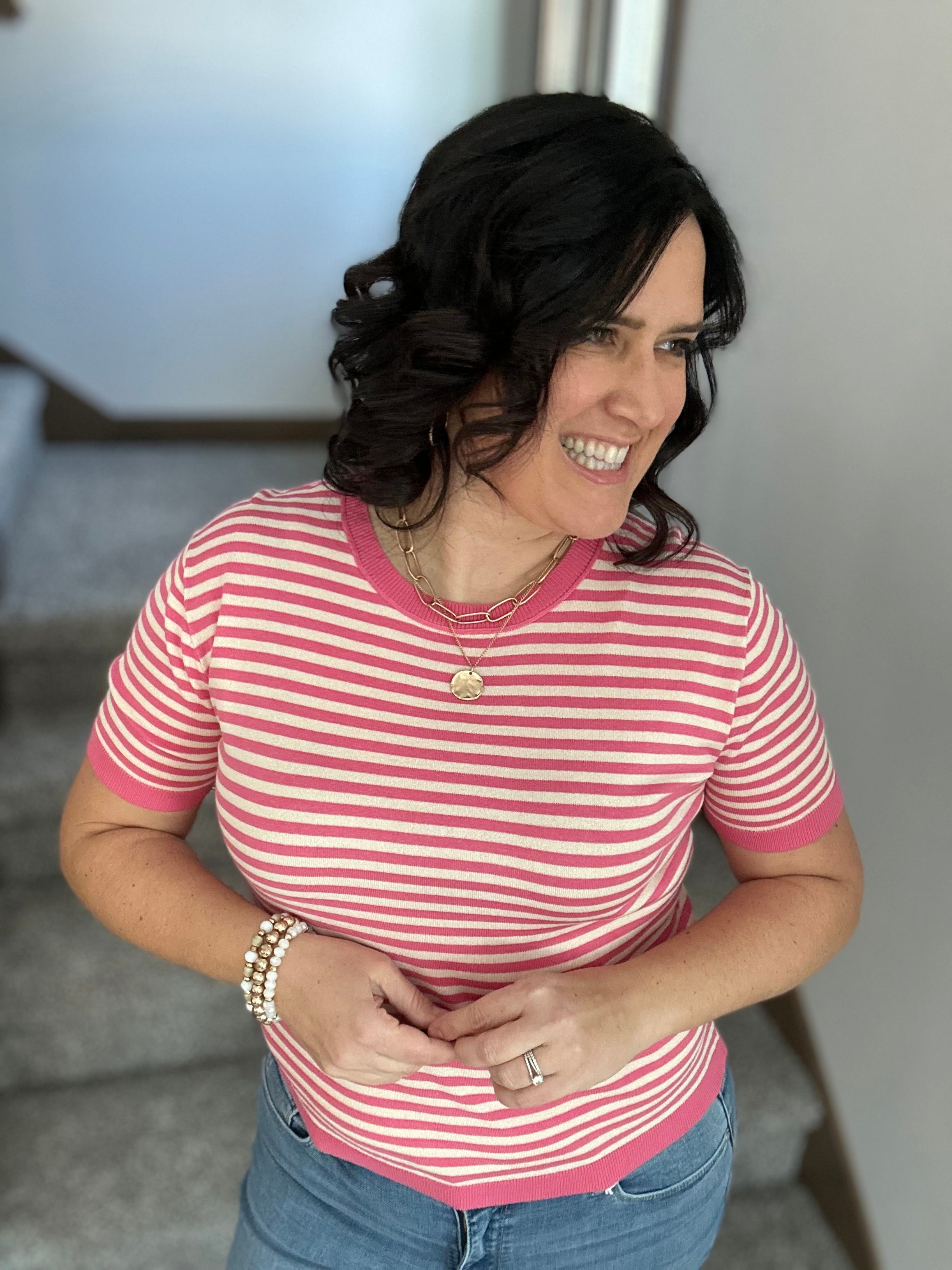 Pink Striped Half Sleeve Sweater Top - Sweater STACCATO