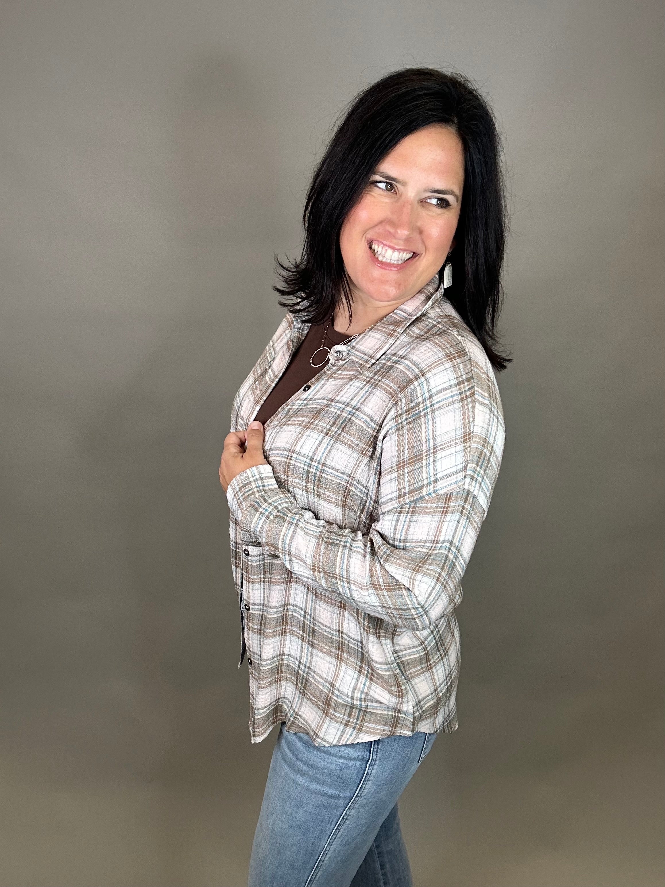 Sage/Pink Leetonia Boyfriend Top Tops - Button Ups FLAG AND ANTHEM