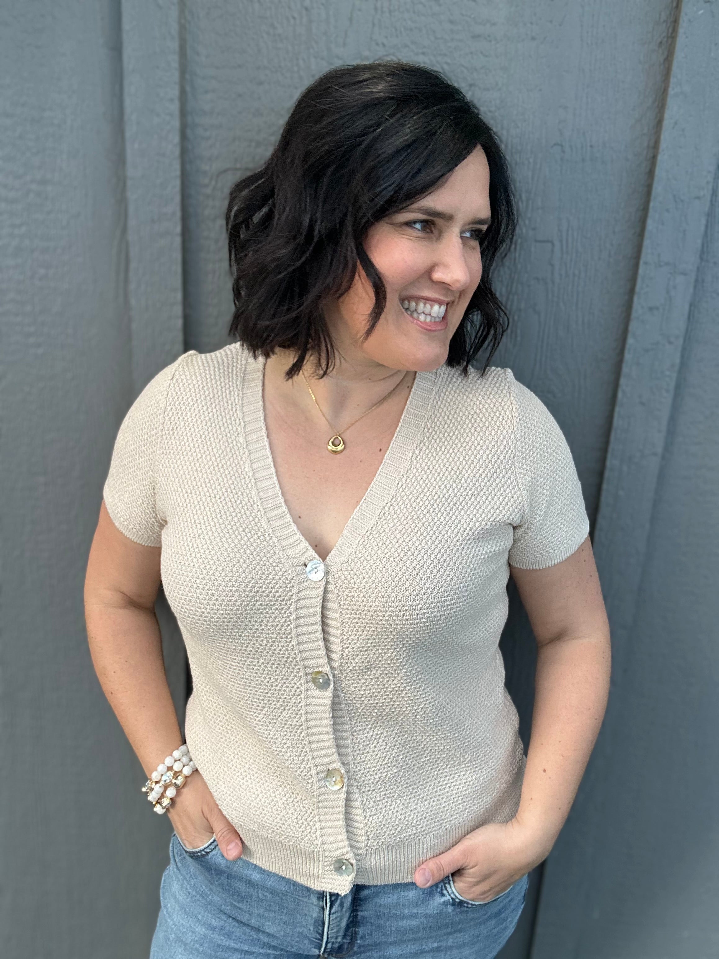 Oatmeal Waffle V Neck Cardigan Tops- Cardigans STACCATO