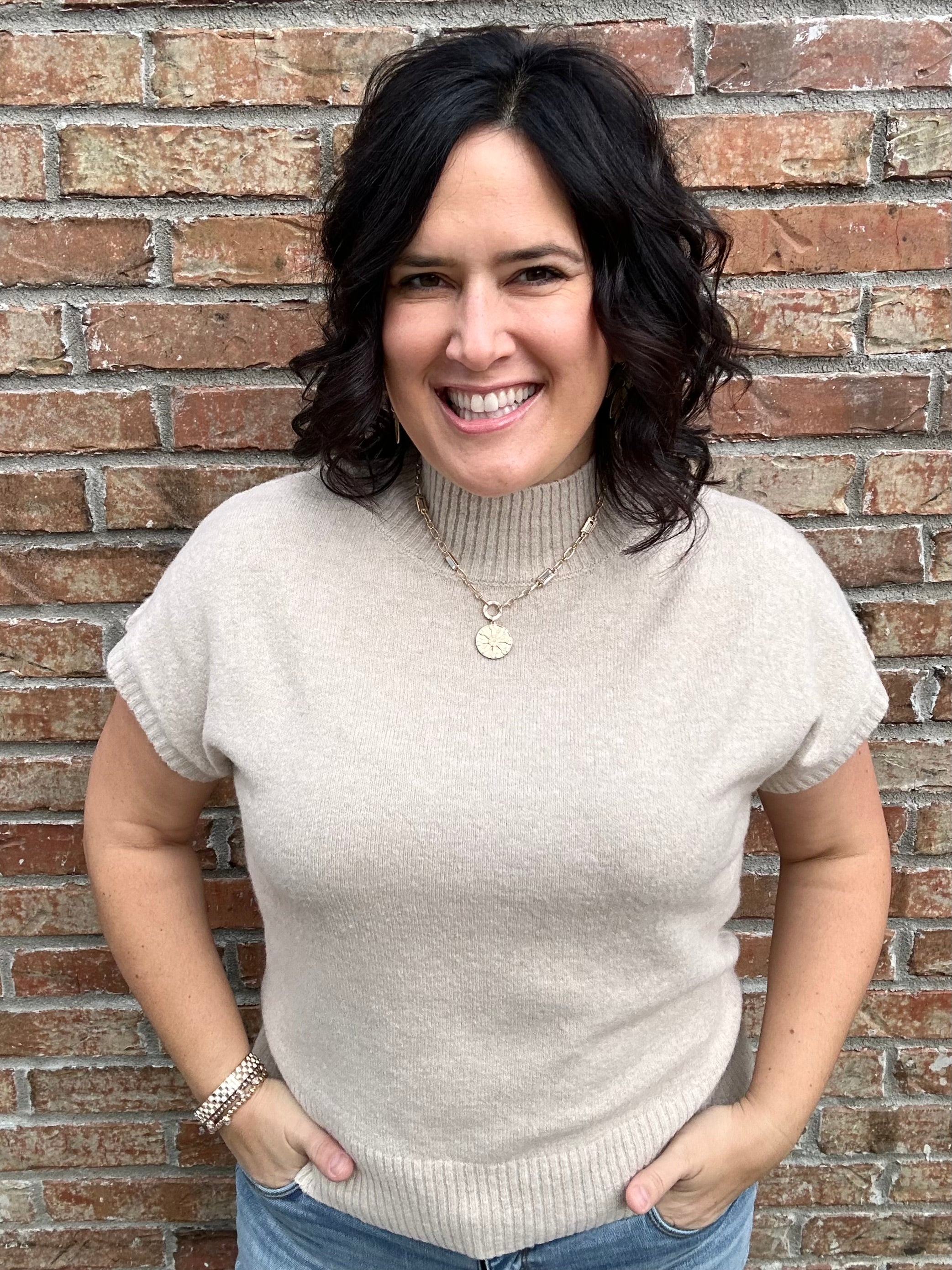 Oatmeal Mock Neck Sweater Vest Top - Sweater STACCATO