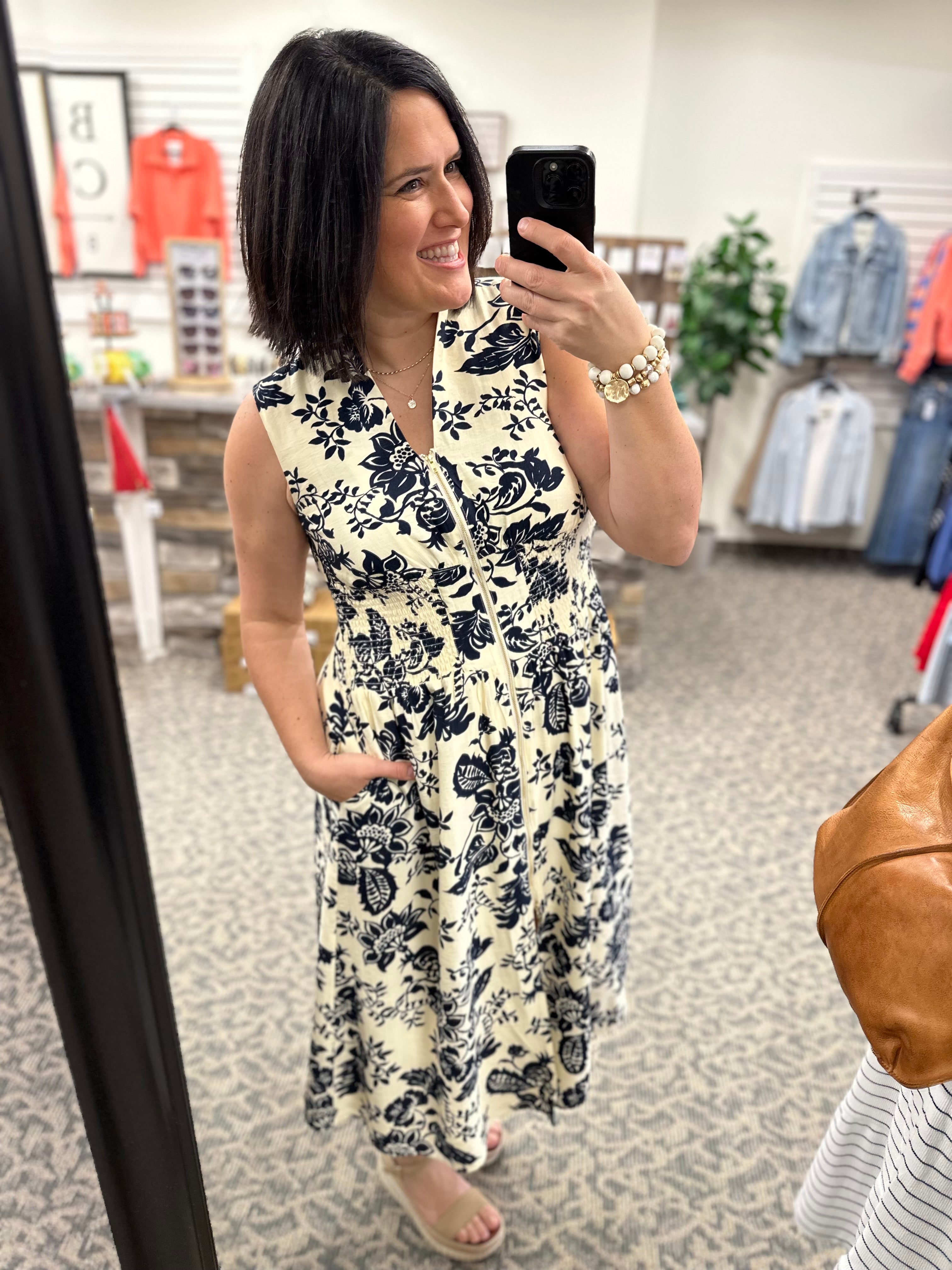 Paisley Print V-Neck Smocked Waist Zip Front Dress Dresses DOE & RAE