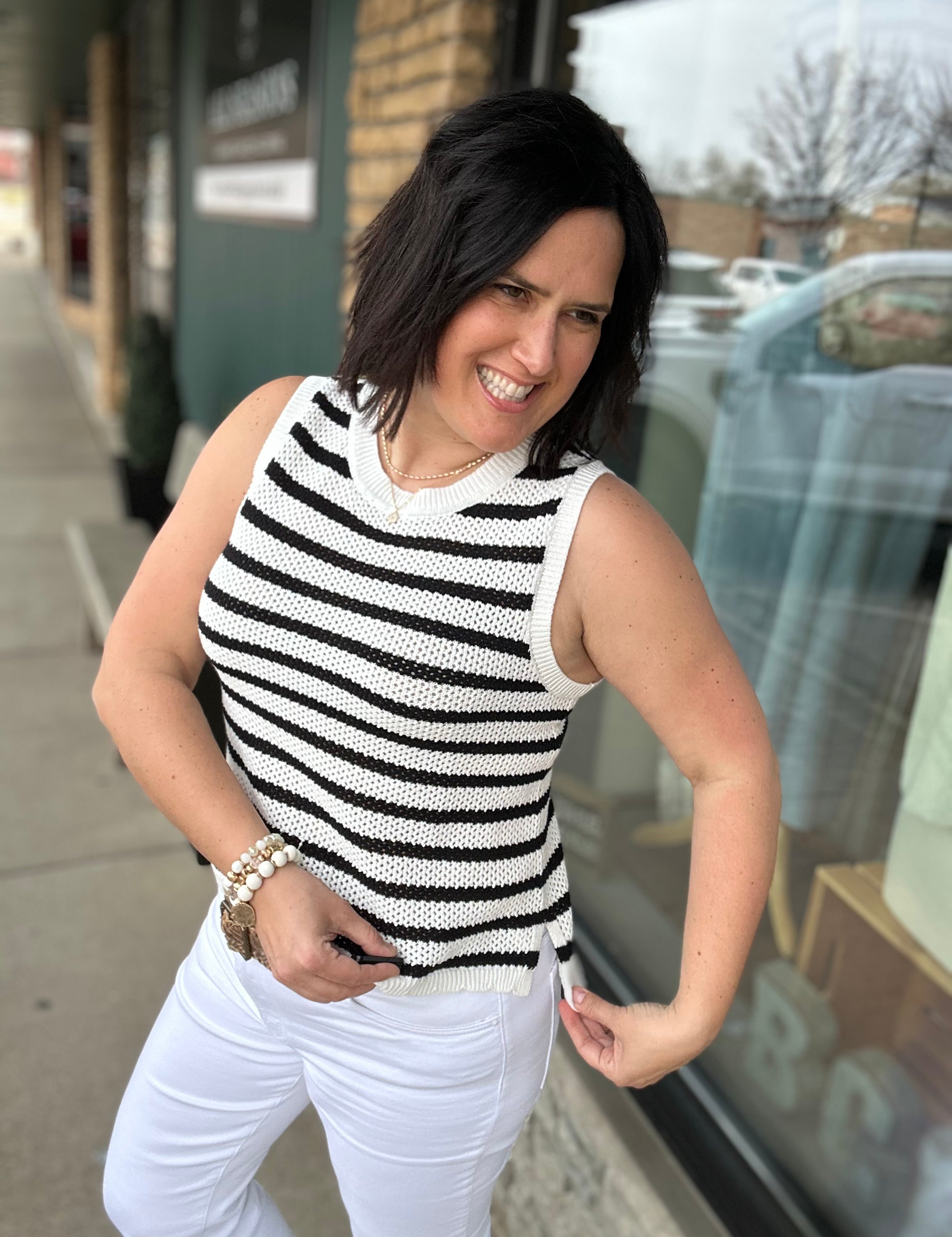 Iris Black & White Stripe Sweater Tank Top - Sweater FLAG AND ANTHEM