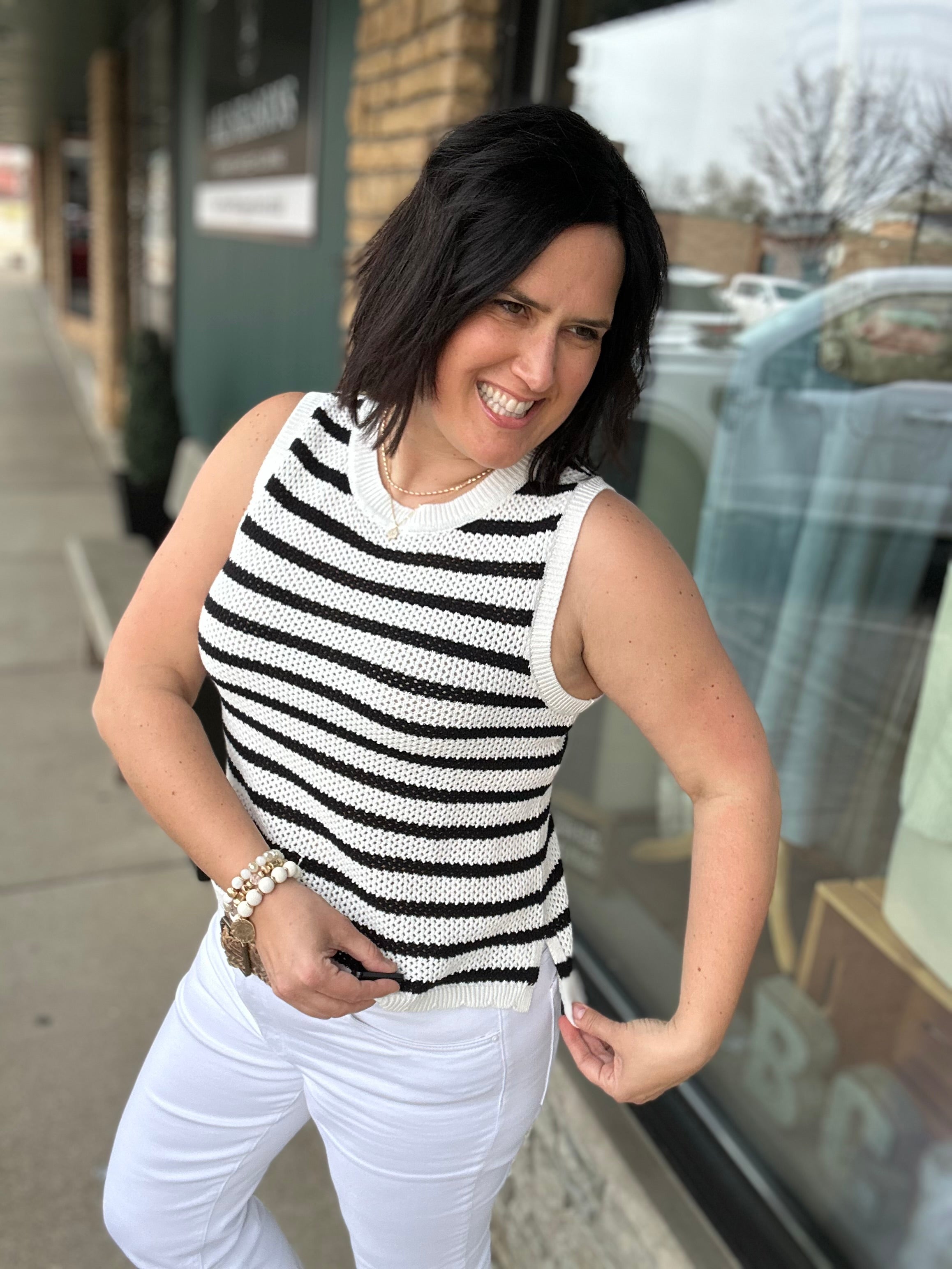 Iris Black & White Stripe Sweater Tank Top - Sweater FLAG AND ANTHEM