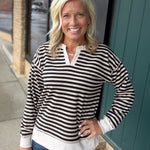 Black Oatmeal Notch Neck LS Stripe Top Top - Sweatshirt STACCATO