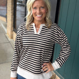Black Oatmeal Notch Neck LS Stripe Top Top - Sweatshirt STACCATO