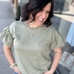 Sage Eyelet Contract Short Sleeve Sweatshirt Top - Sweatshirt DOE & RAE