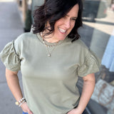 Sage Eyelet Contract Short Sleeve Sweatshirt Top - Sweatshirt DOE & RAE