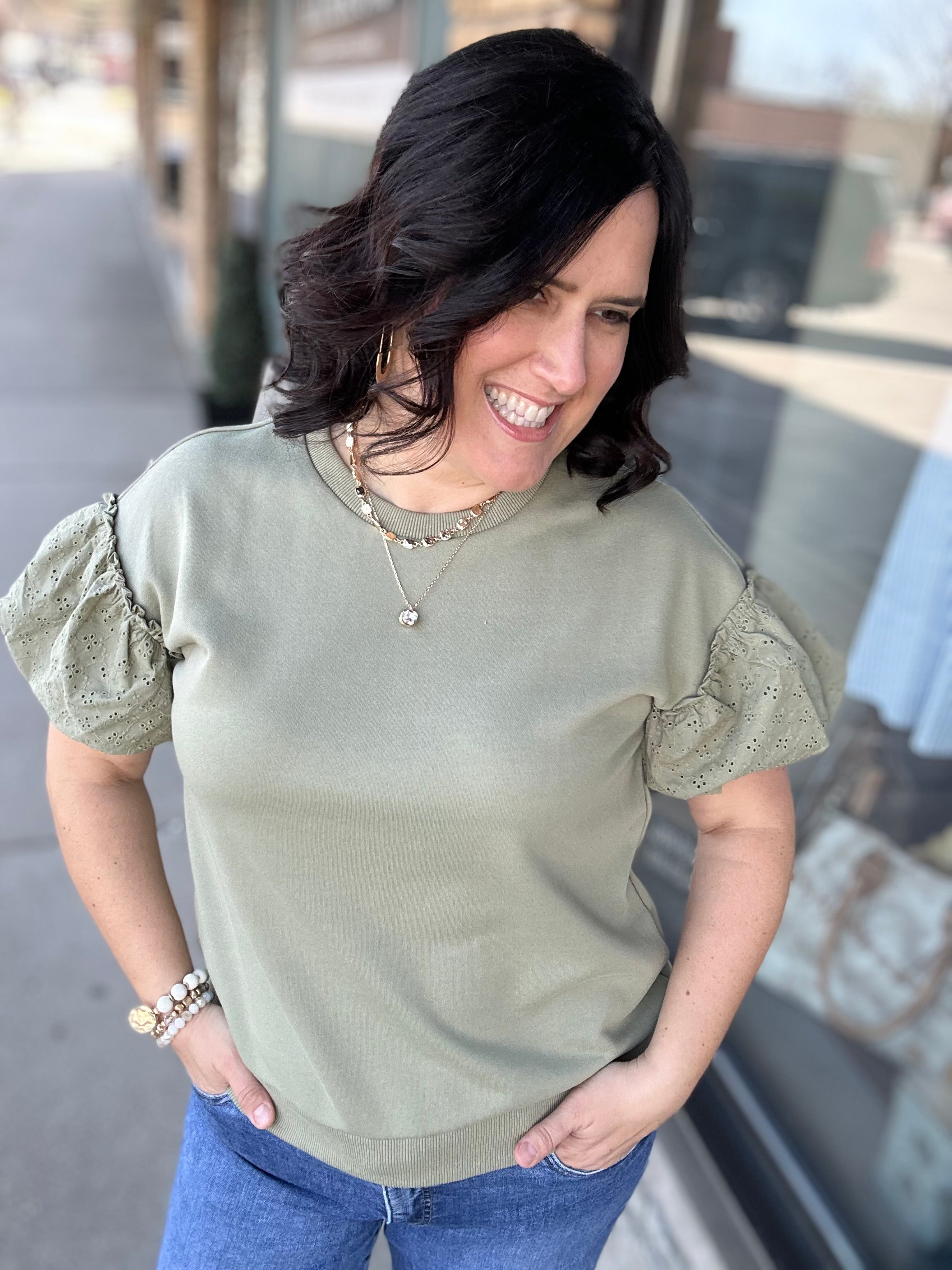 Sage Eyelet Contract Short Sleeve Sweatshirt Top - Sweatshirt DOE & RAE