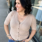 Taupe Pointelle Short-Sleeve Cardigan Top - Sweater DOE & RAE