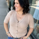 Taupe Pointelle Short-Sleeve Cardigan Top - Sweater DOE & RAE