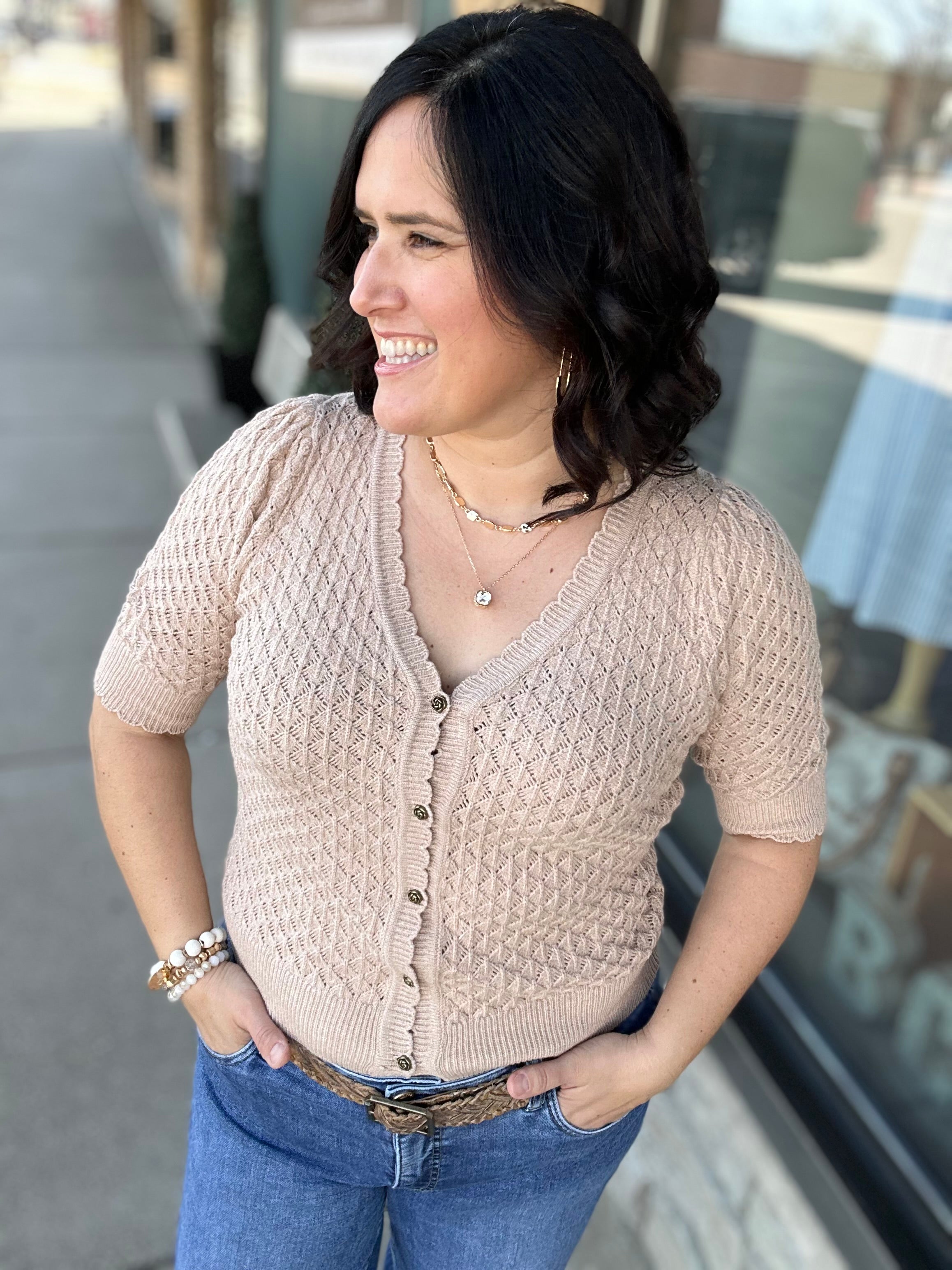 Taupe Pointelle Short-Sleeve Cardigan Top - Sweater DOE & RAE