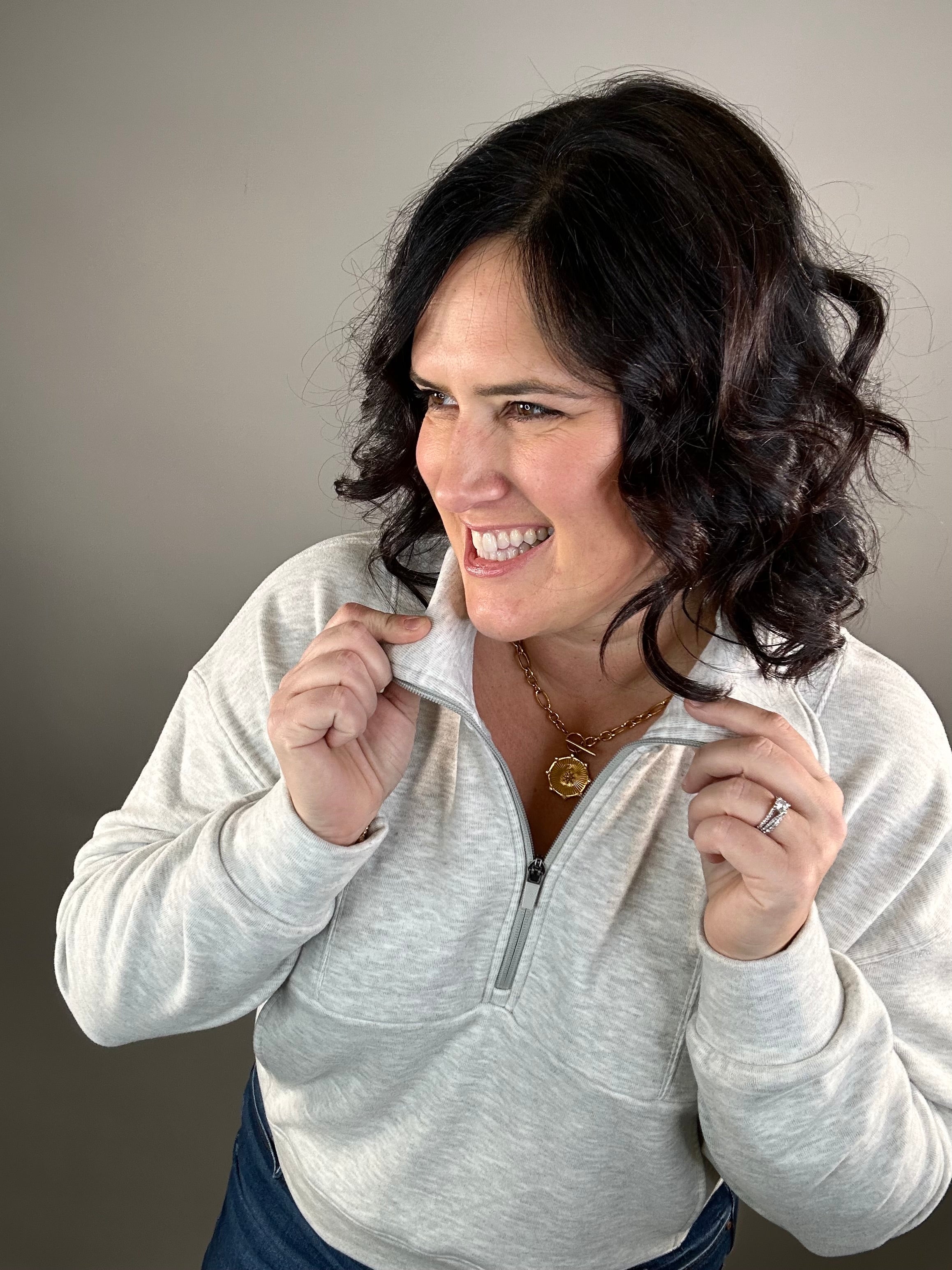 Heather Grey Plush 1/2 Zip Sweatshirt Top- Sweatshirts FLAG AND ANTHEM