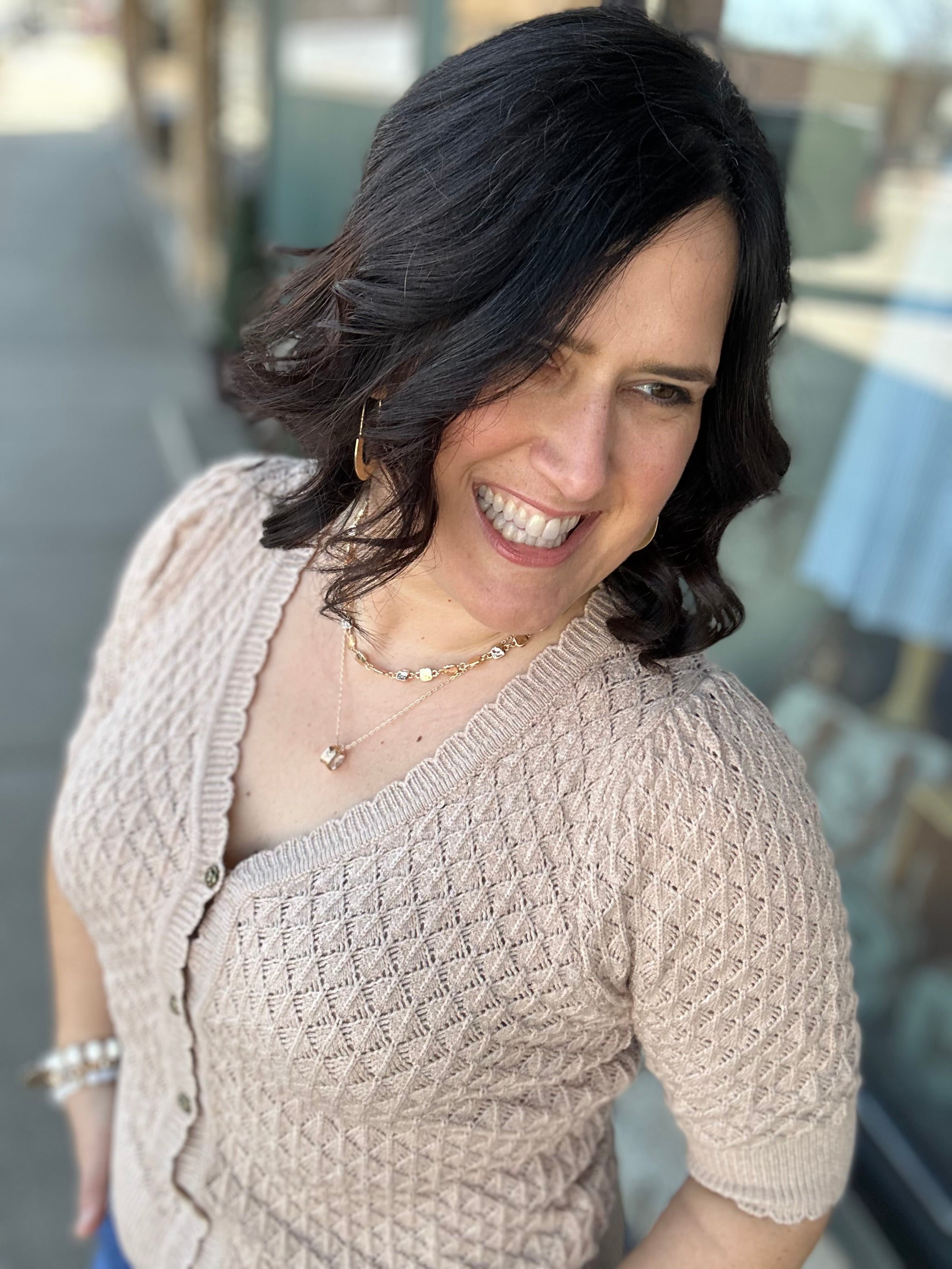 Taupe Pointelle Short-Sleeve Cardigan Top - Sweater DOE & RAE