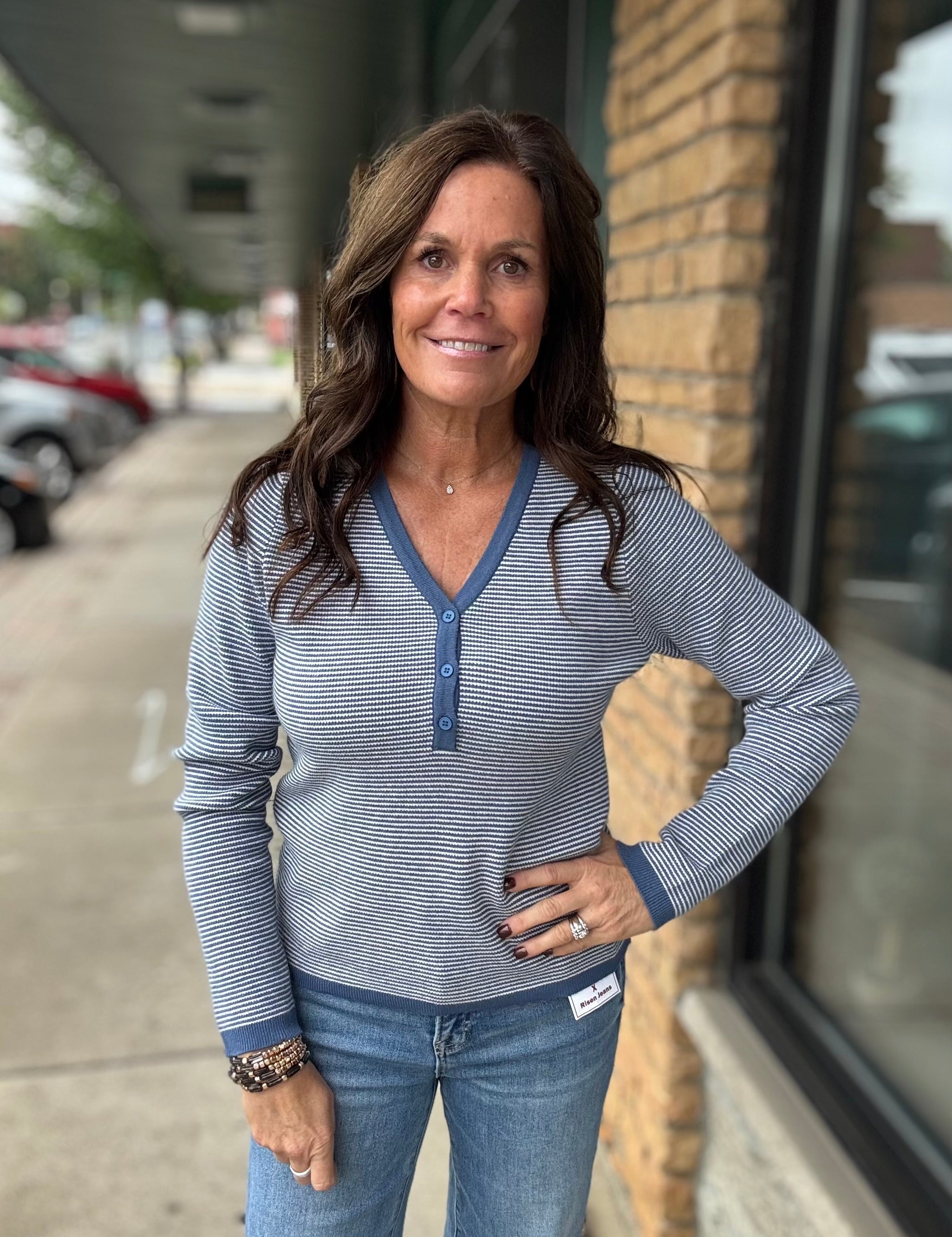Denim Waffle V-Neck Henley Top STACCATO