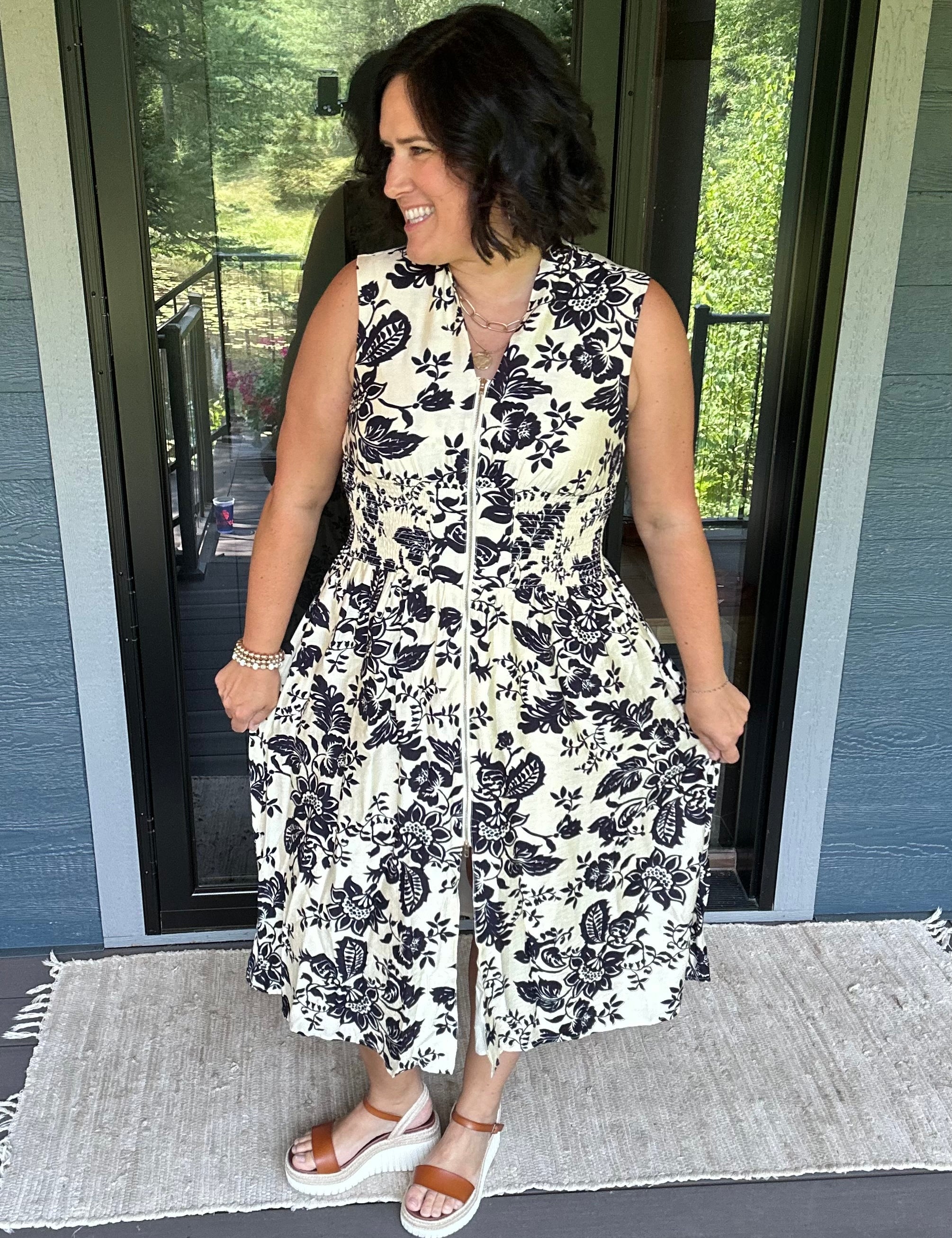 Paisley Print V-Neck Smocked Waist Zip Front Dress Dresses DOE & RAE