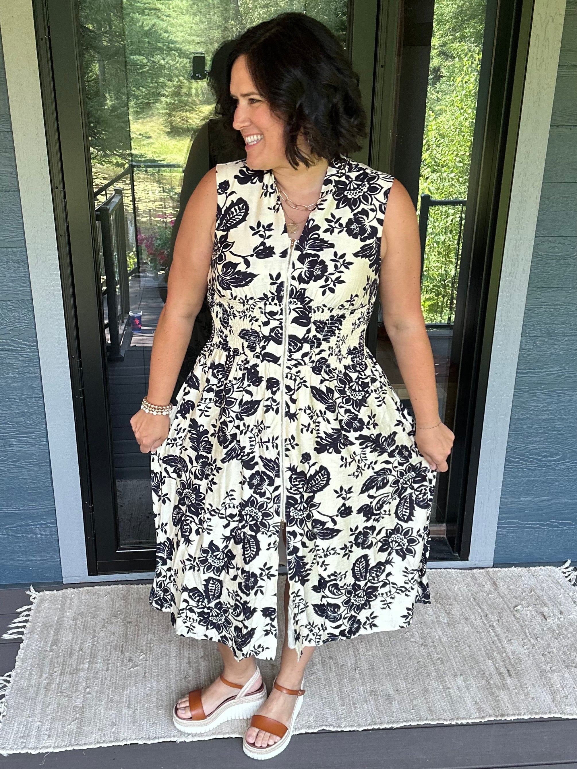 Paisley Print V-Neck Smocked Waist Zip Front Dress Dresses DOE & RAE