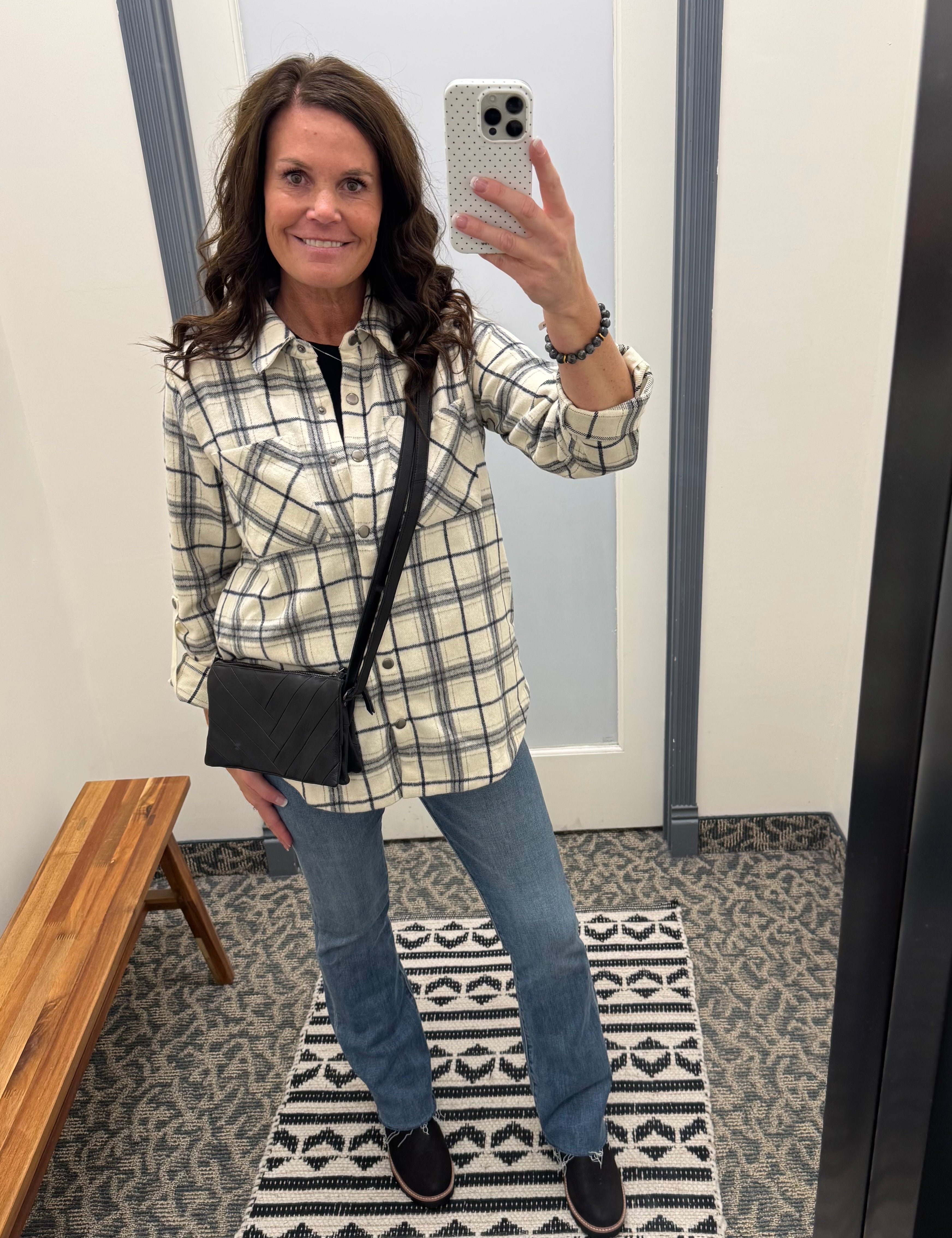Ivory Plaid Shirt Jacket Outerwear- Jackets Mystree