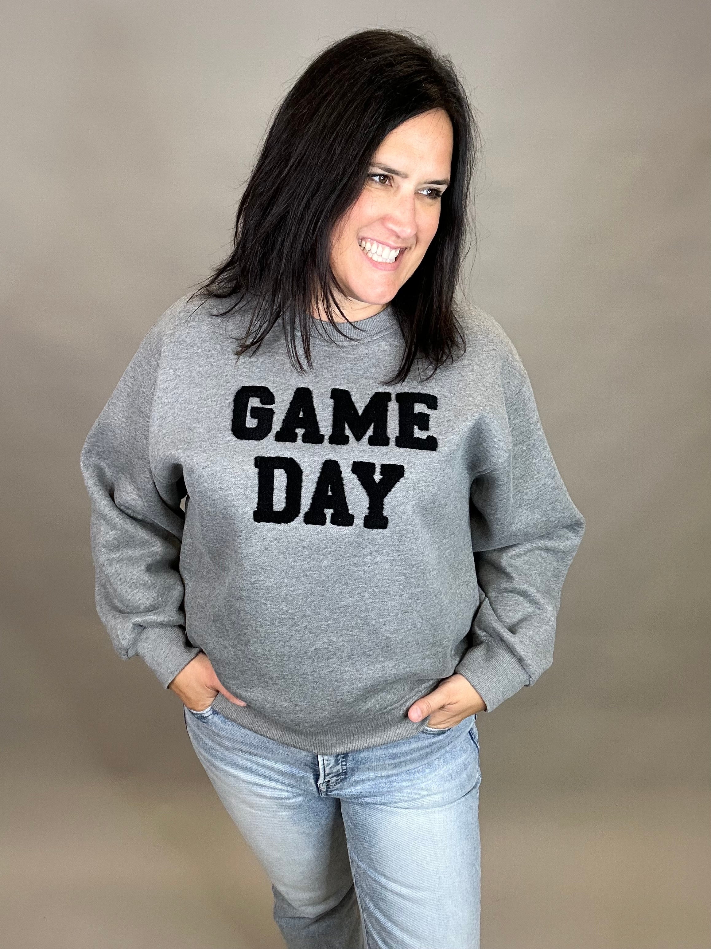 Grey Game Day Sweatshirt Top- Sweatshirts PANACHE