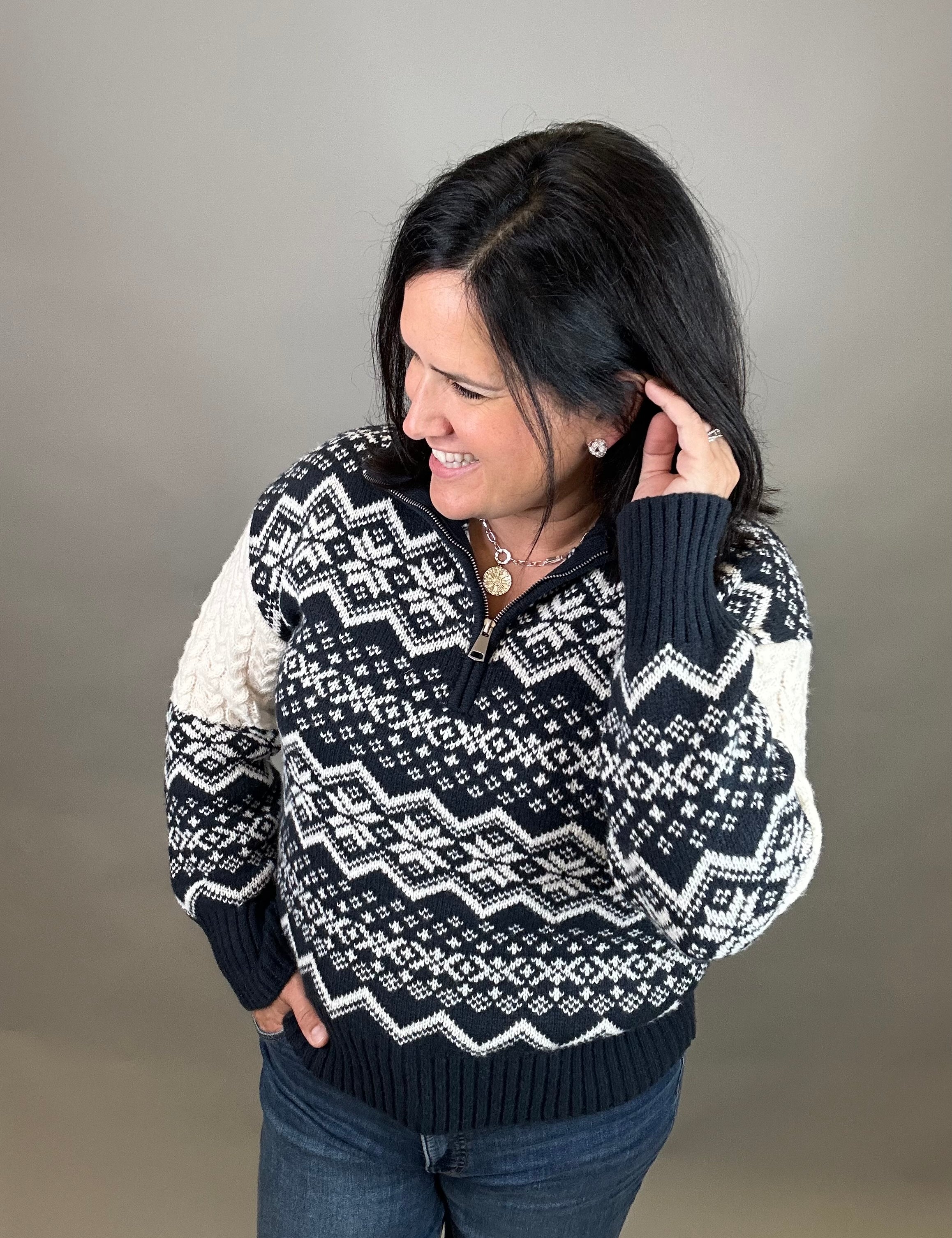Navy Jacquard Half Zip Sweater Top - Sweater HEM & THREAD