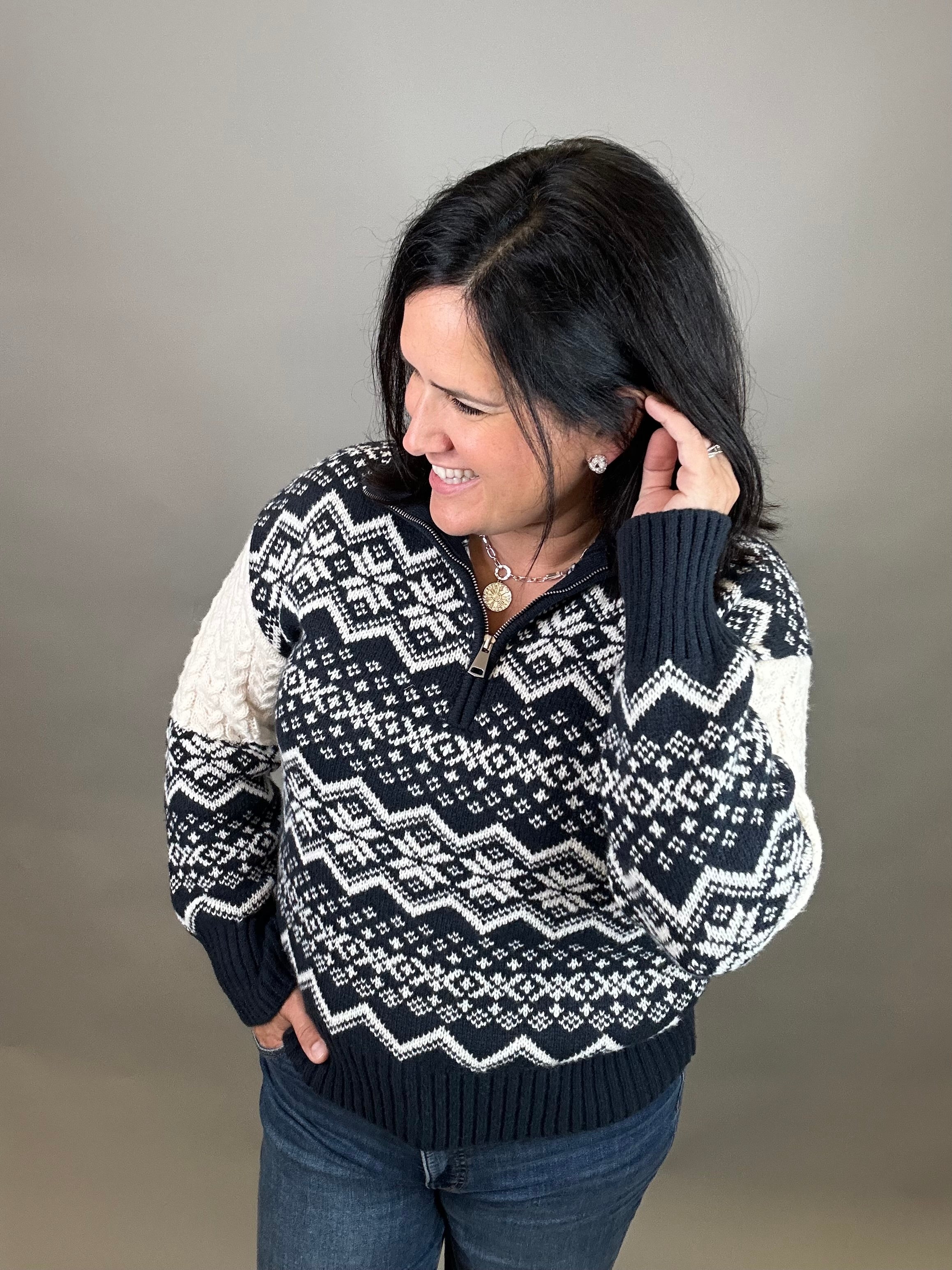 Navy Jacquard Half Zip Sweater Top - Sweater HEM & THREAD