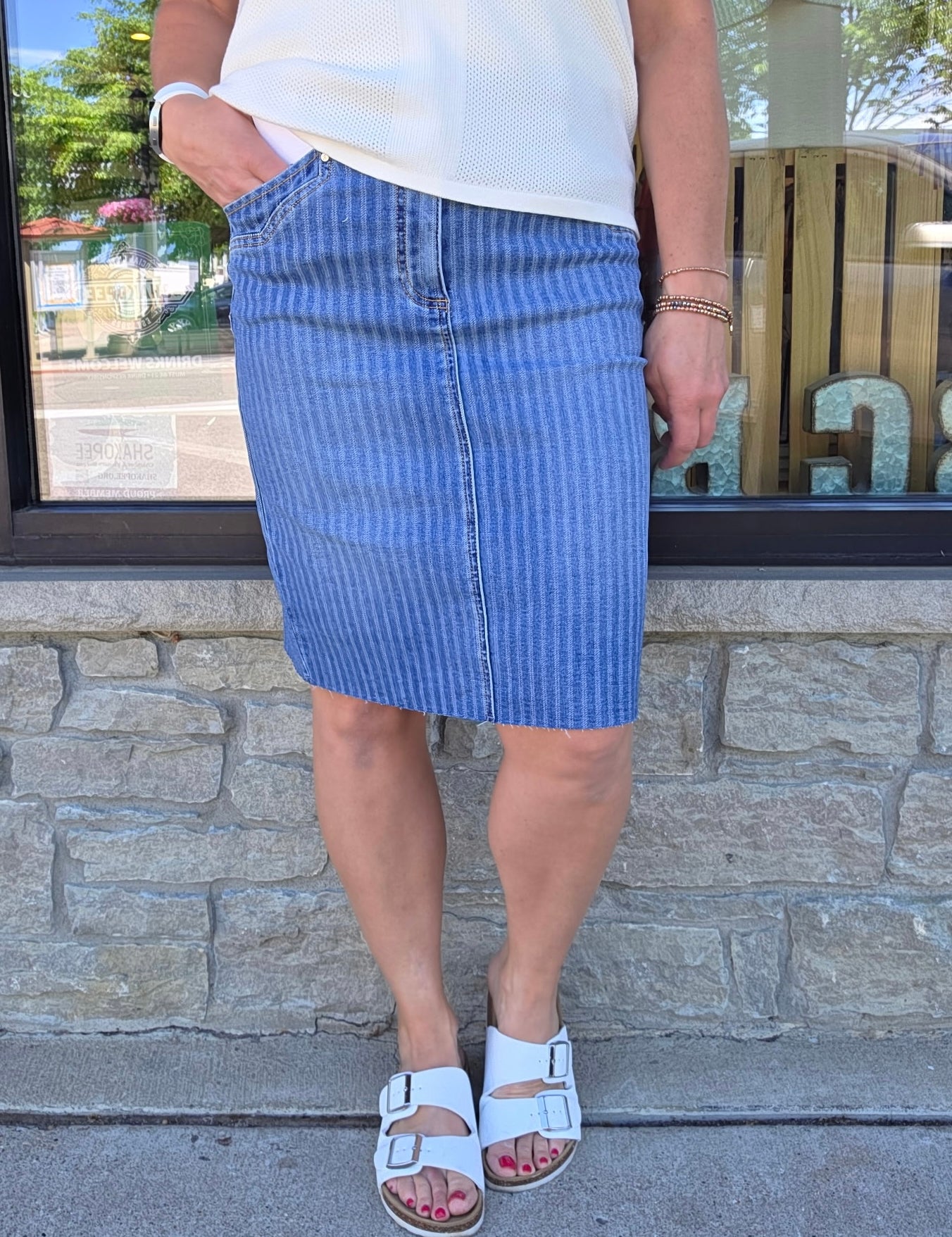 High Rise Mid-Length Striped Skirt Bottom- Skirt RISEN