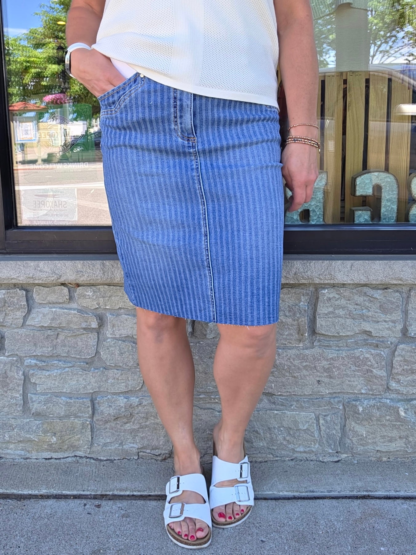 High Rise Mid-Length Striped Skirt Bottom- Skirt RISEN