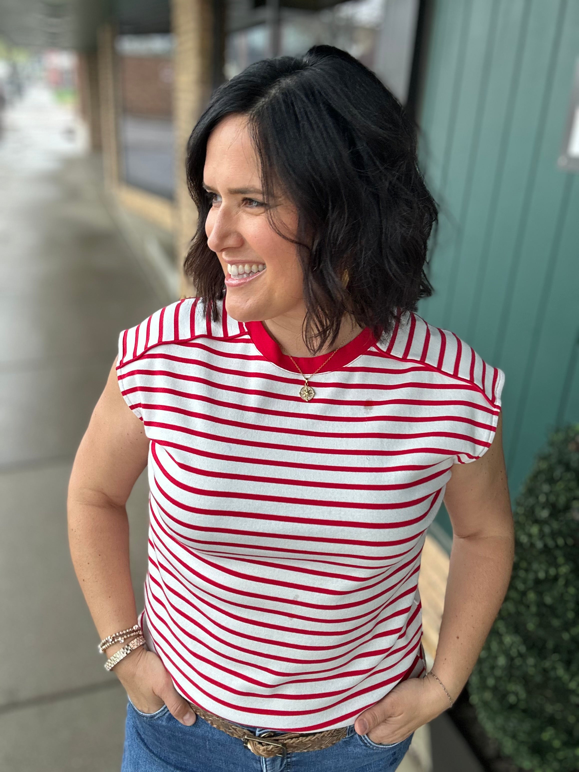Red/White Striped Top Piping Detail Top - Tee STACCATO