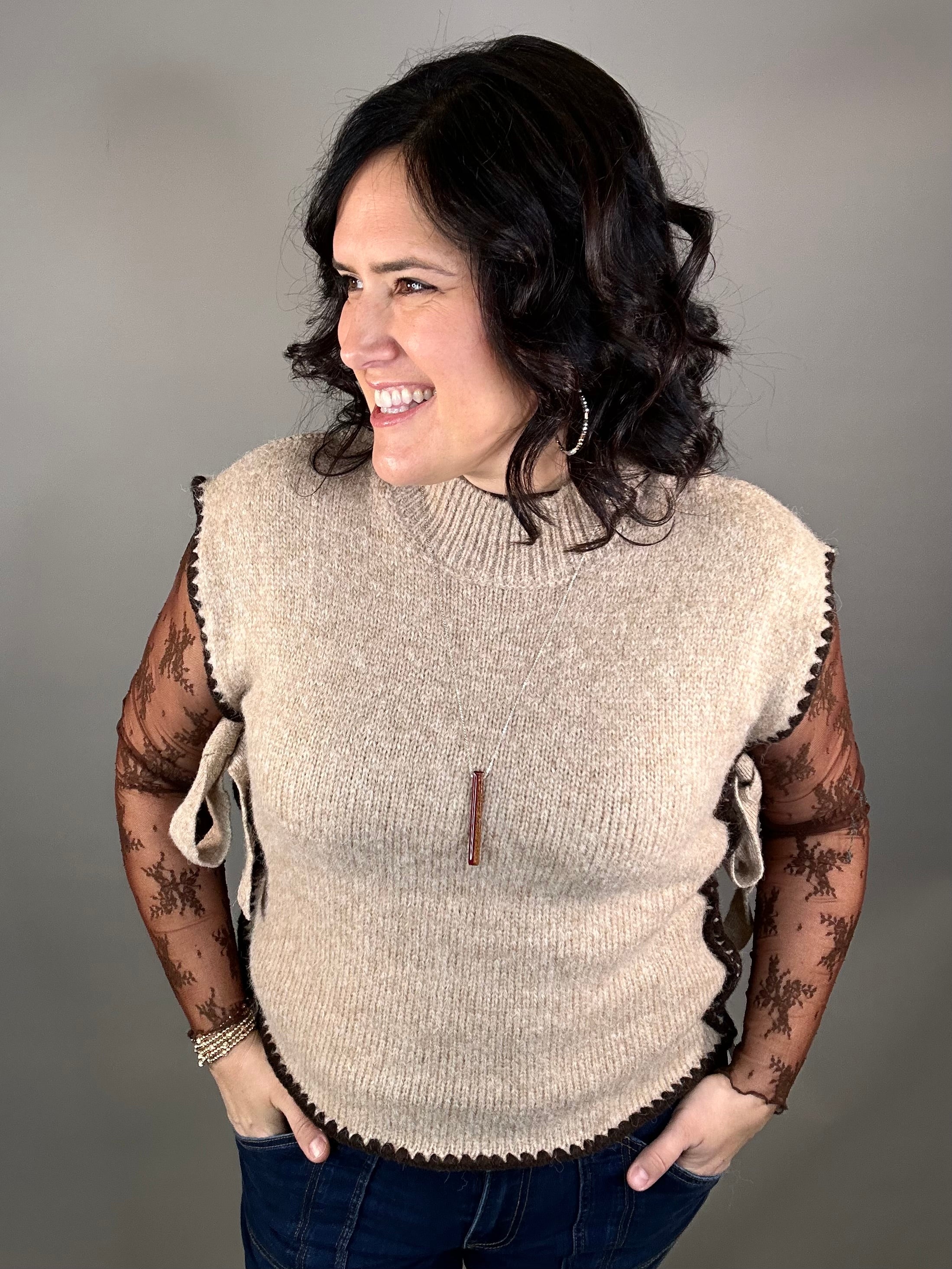 Taupe Mock Neck Side Tie Vest Top - Sweater SUNDAY EDITION