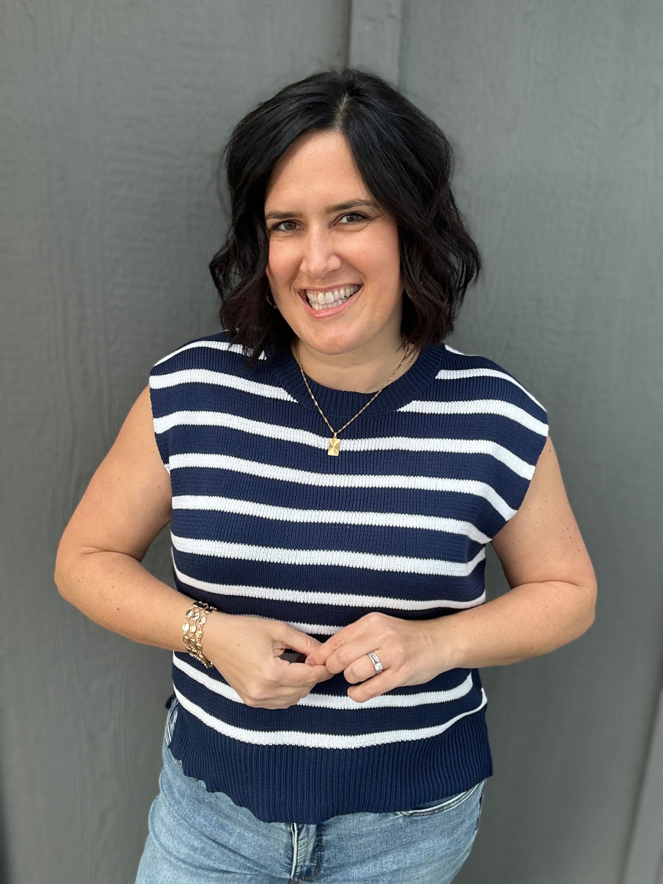 Navy Striped Crew Neck Sleeveless Sweater Top - Sweater STACCATO