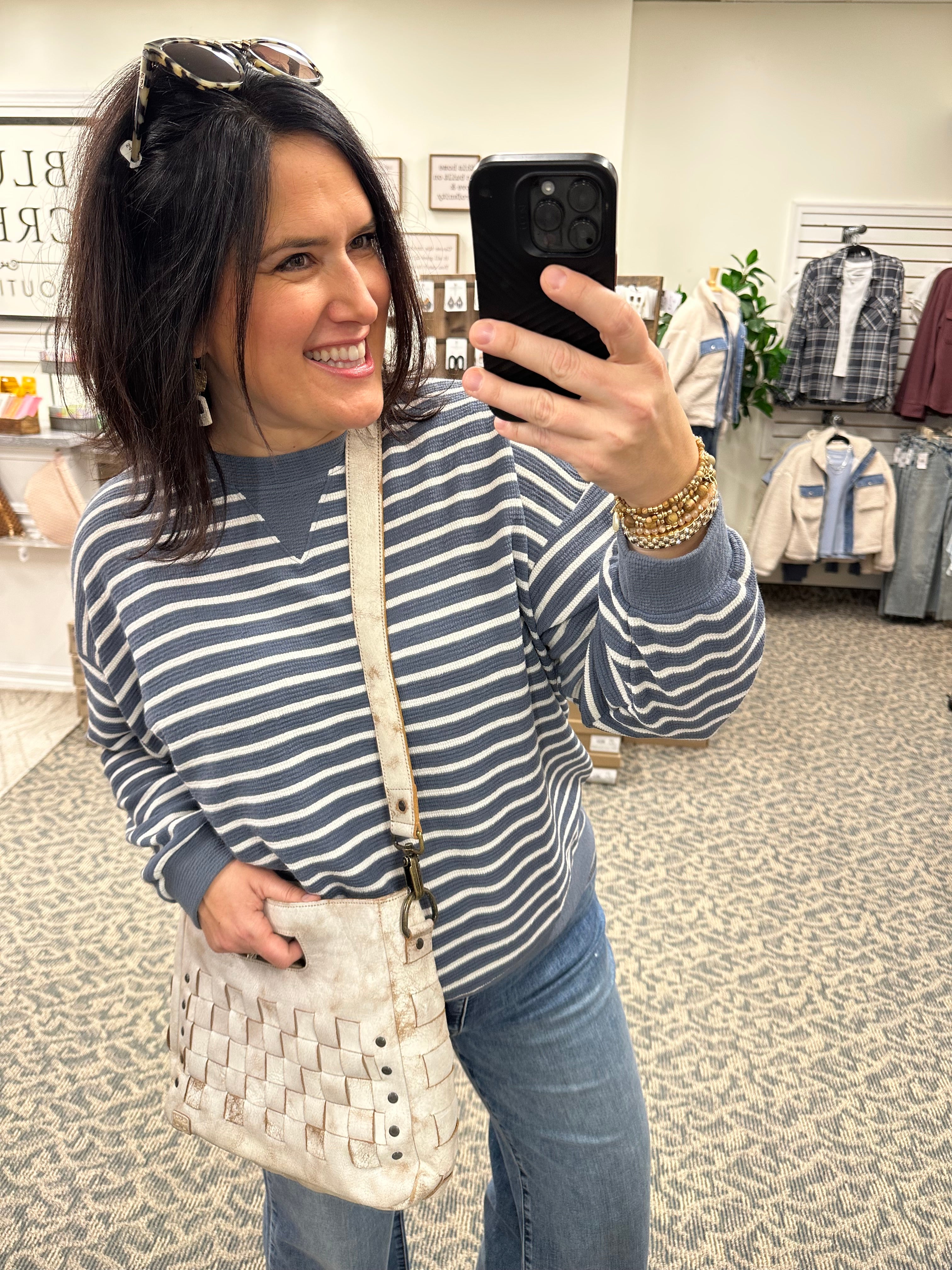 Denim Cloudy Knit Stripe Sweatshirt Top- Sweatshirt TRES BIEN