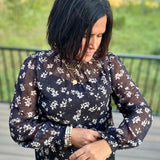 Black Floral Dot Ruffle Blouse