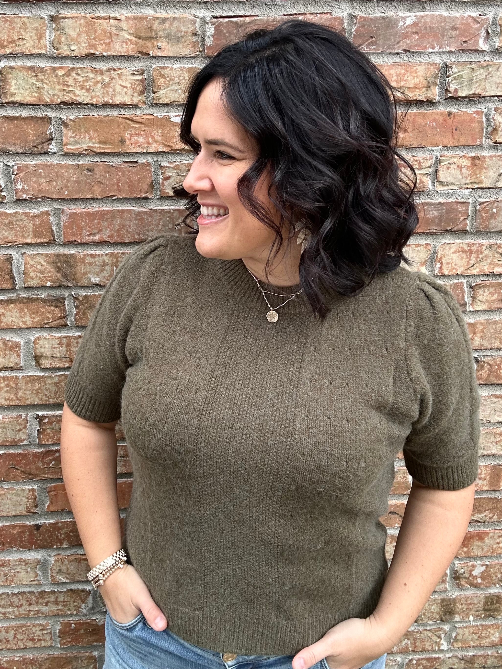 Olive Aura Short Sleeve Sweater Top - Sweater JODIFL