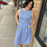 Blue & White Striped Midi Dress Dresses THML