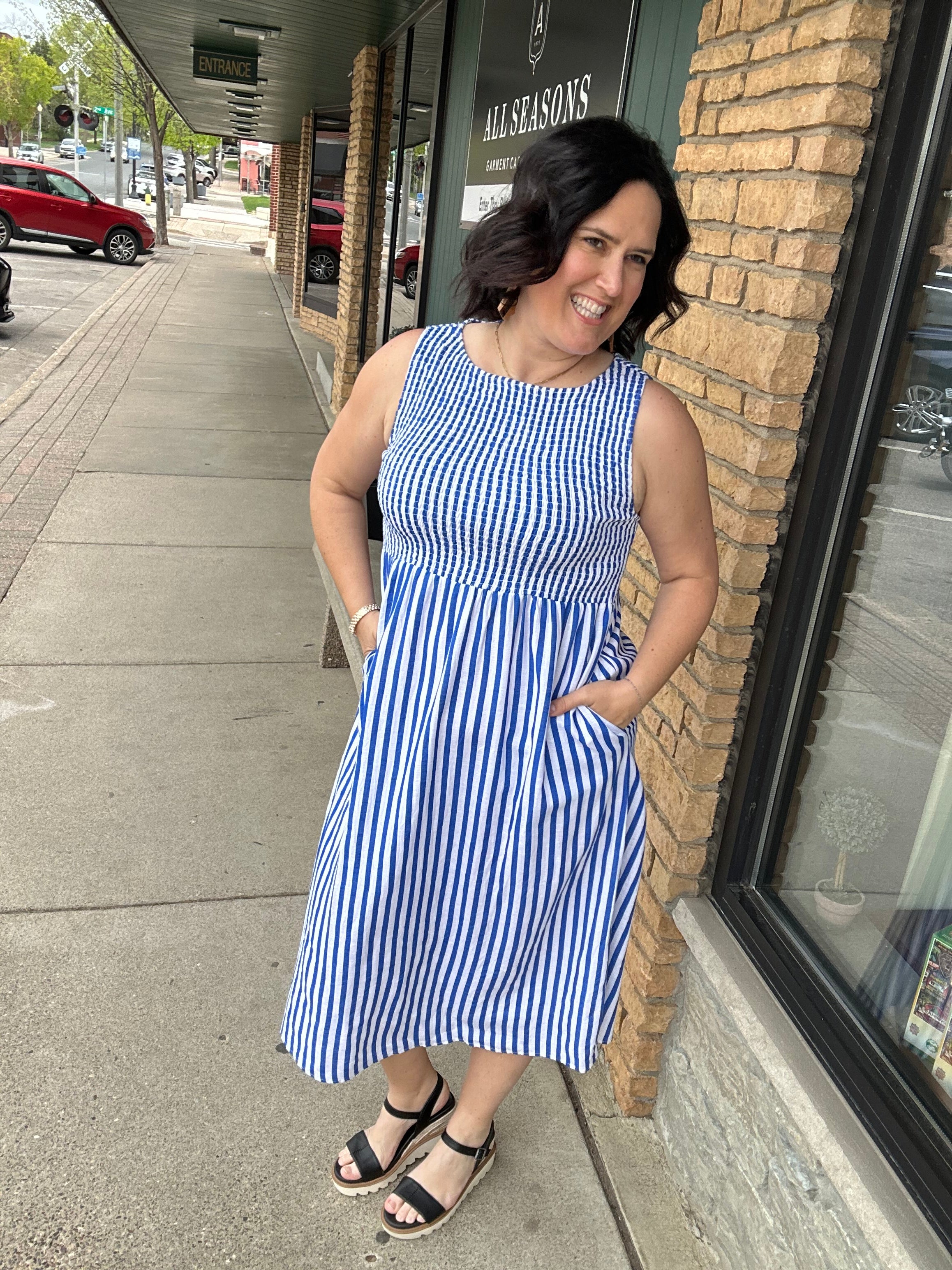 Blue & White Striped Midi Dress Dresses THML