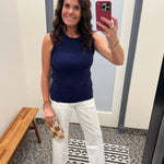 Navy Asymmetrical Button Ribbed Tank Tops- Tanks DOE & RAE