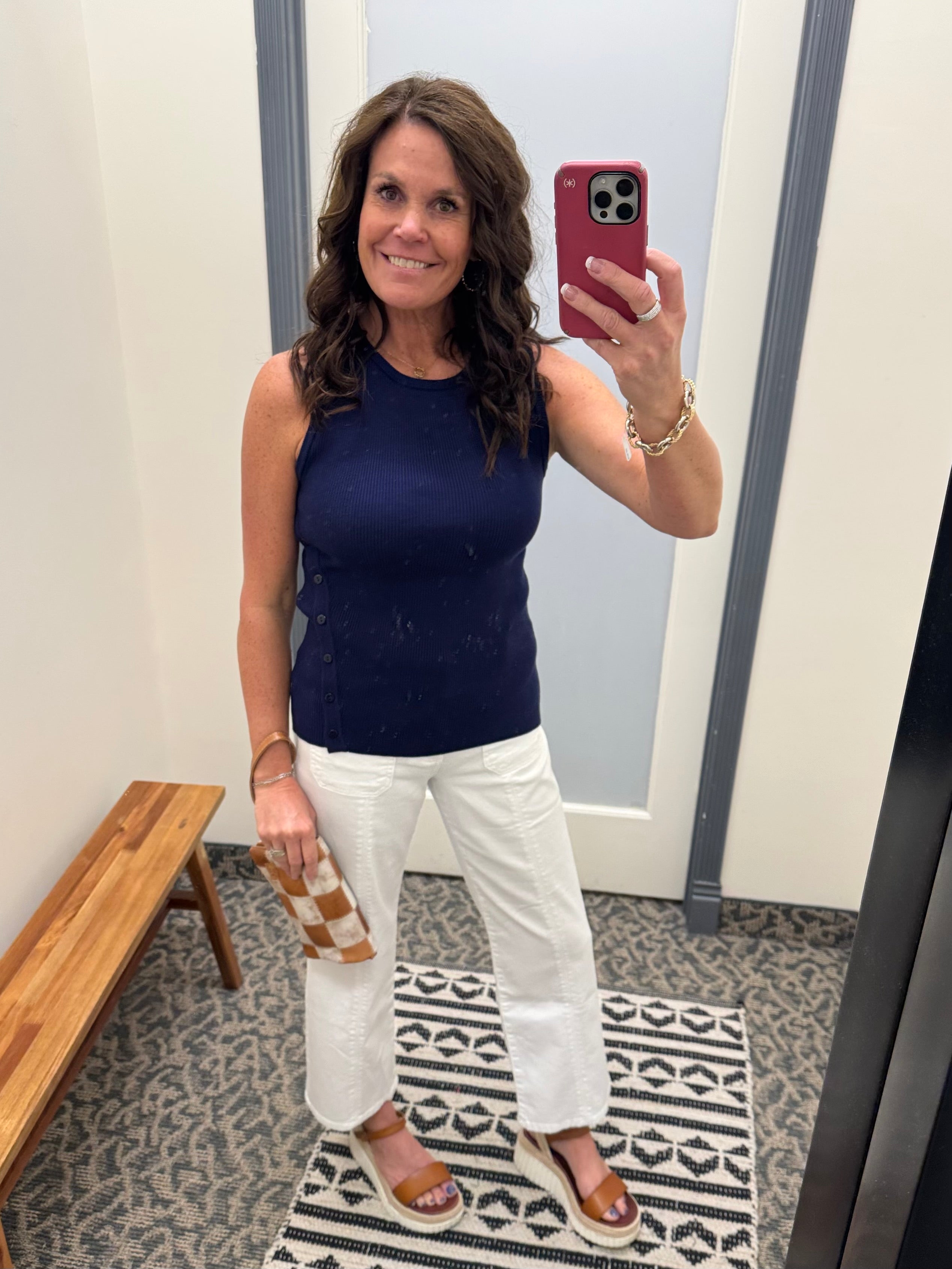 Navy Asymmetrical Button Ribbed Tank Tops- Tanks DOE & RAE