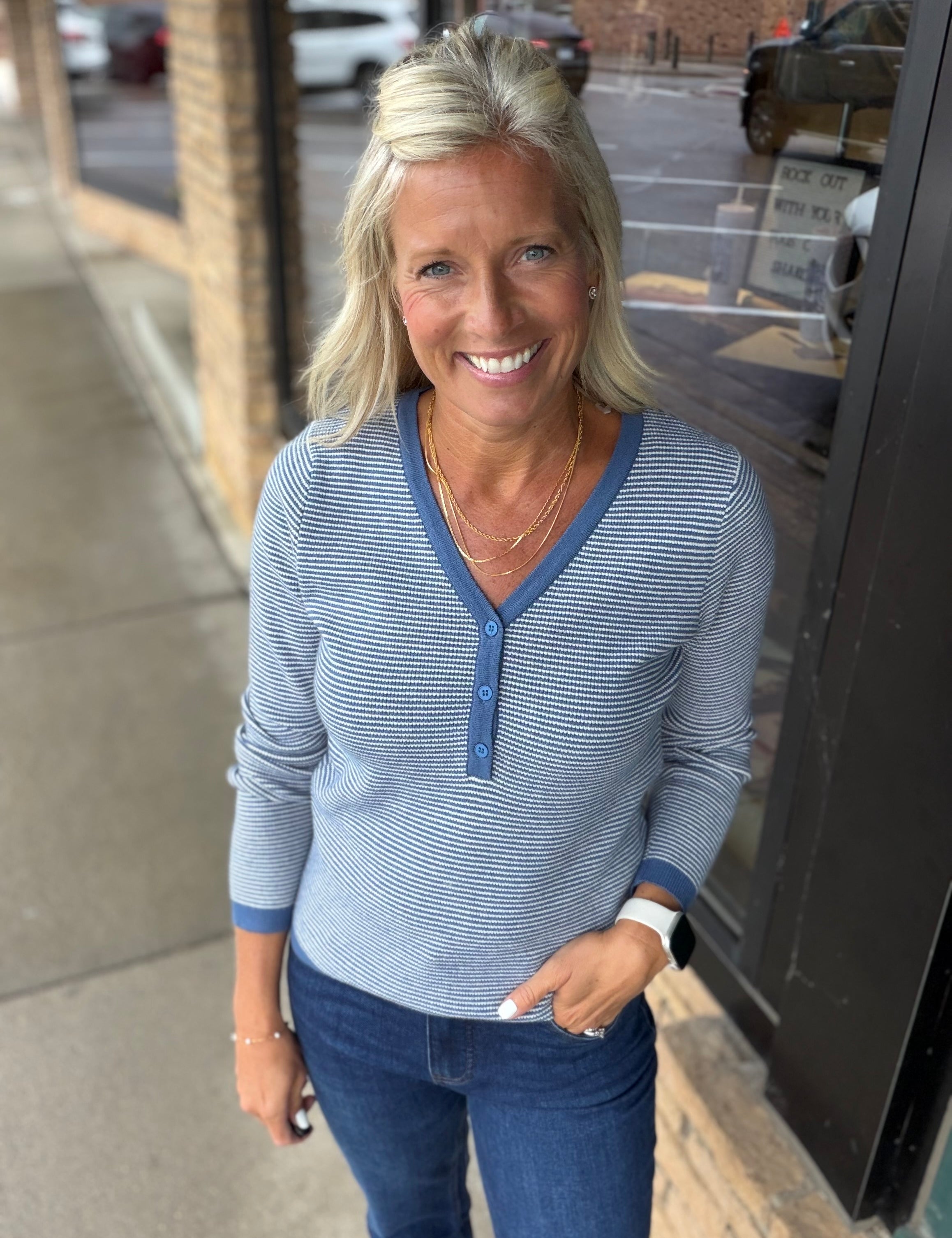 Denim Waffle V-Neck Henley Top STACCATO