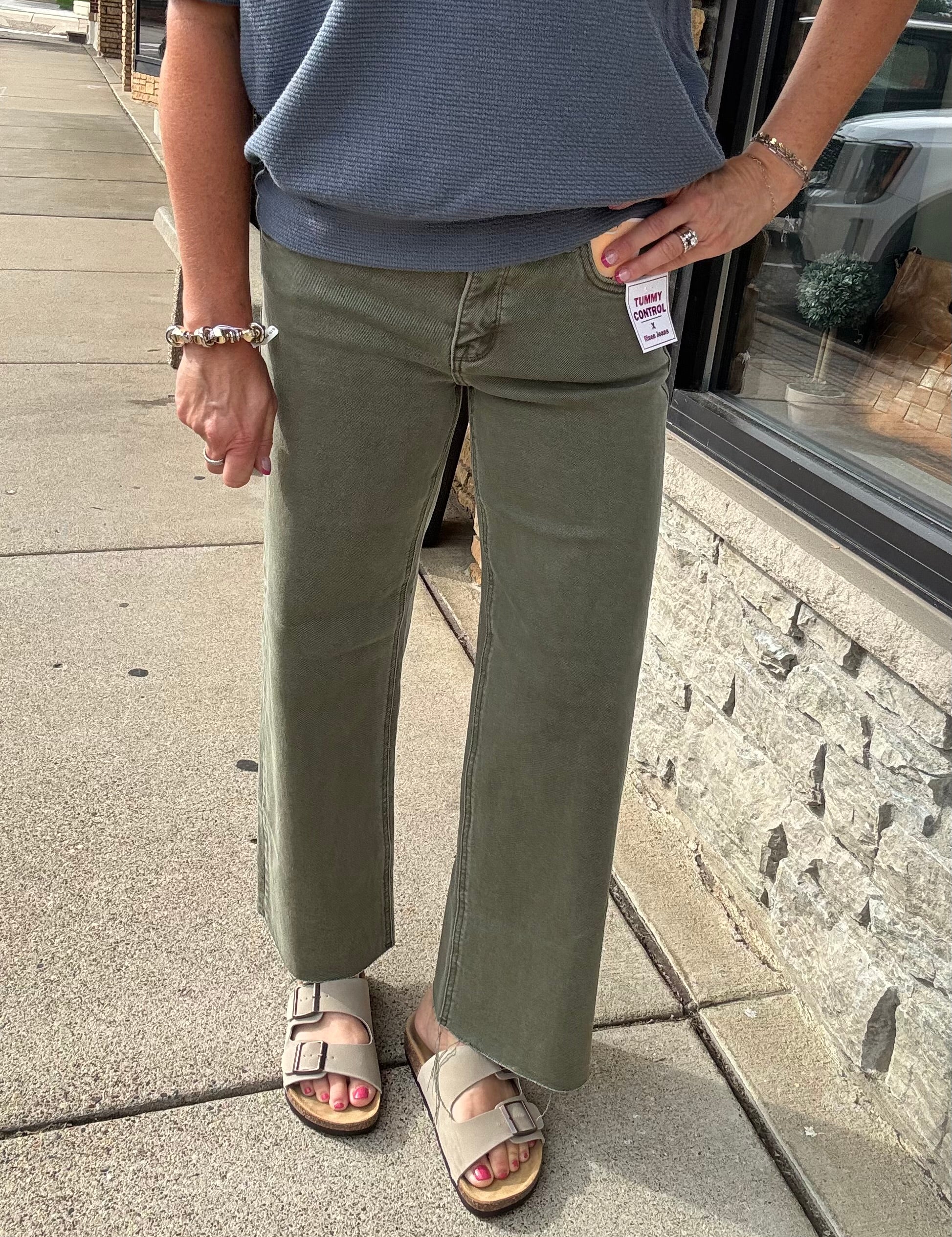 Burnt Olive Tummy Control Mid Rise Straight Jeans Bottom- Pants RISEN