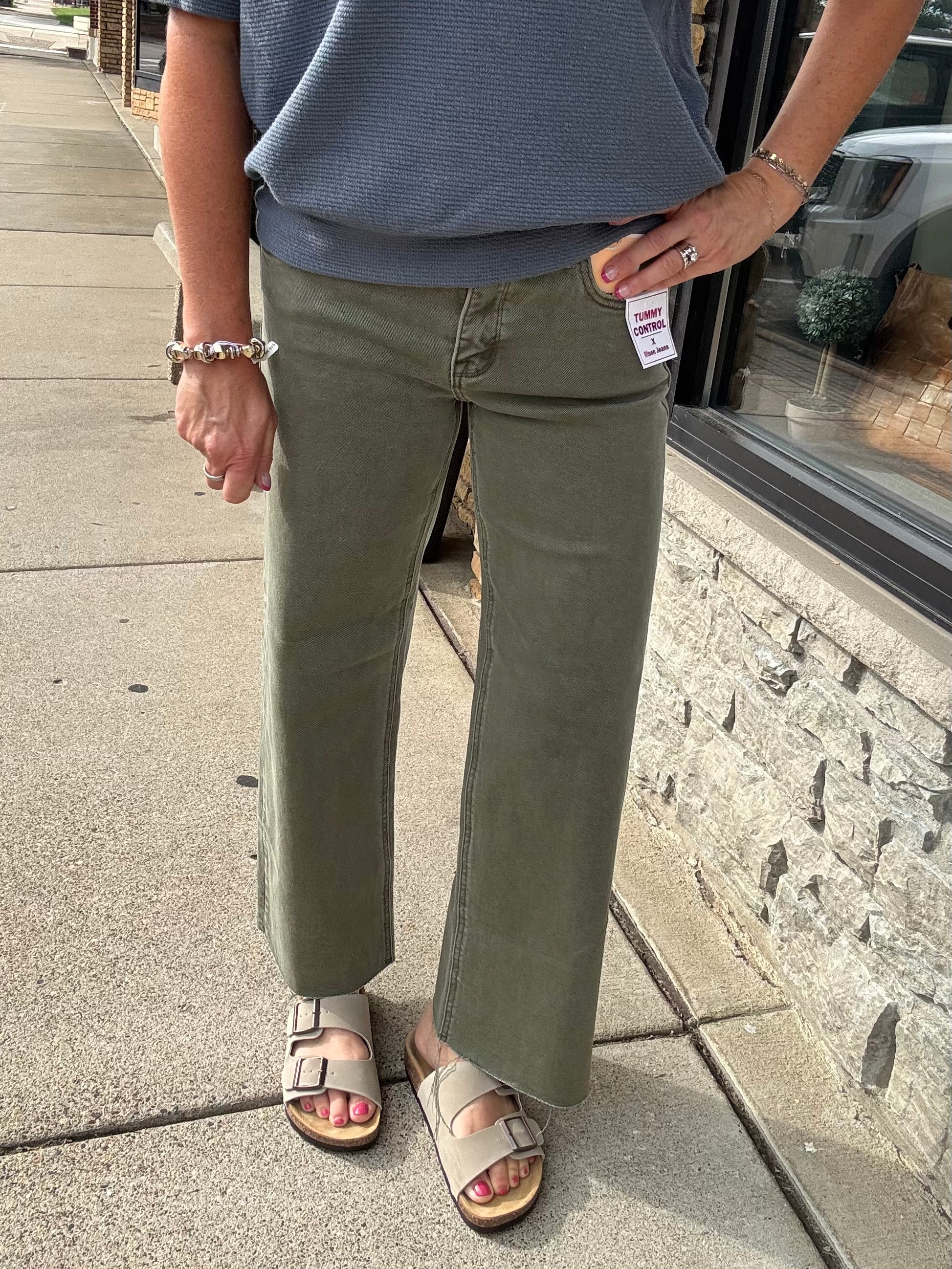 Burnt Olive Tummy Control Mid Rise Straight Jeans Bottom- Pants RISEN