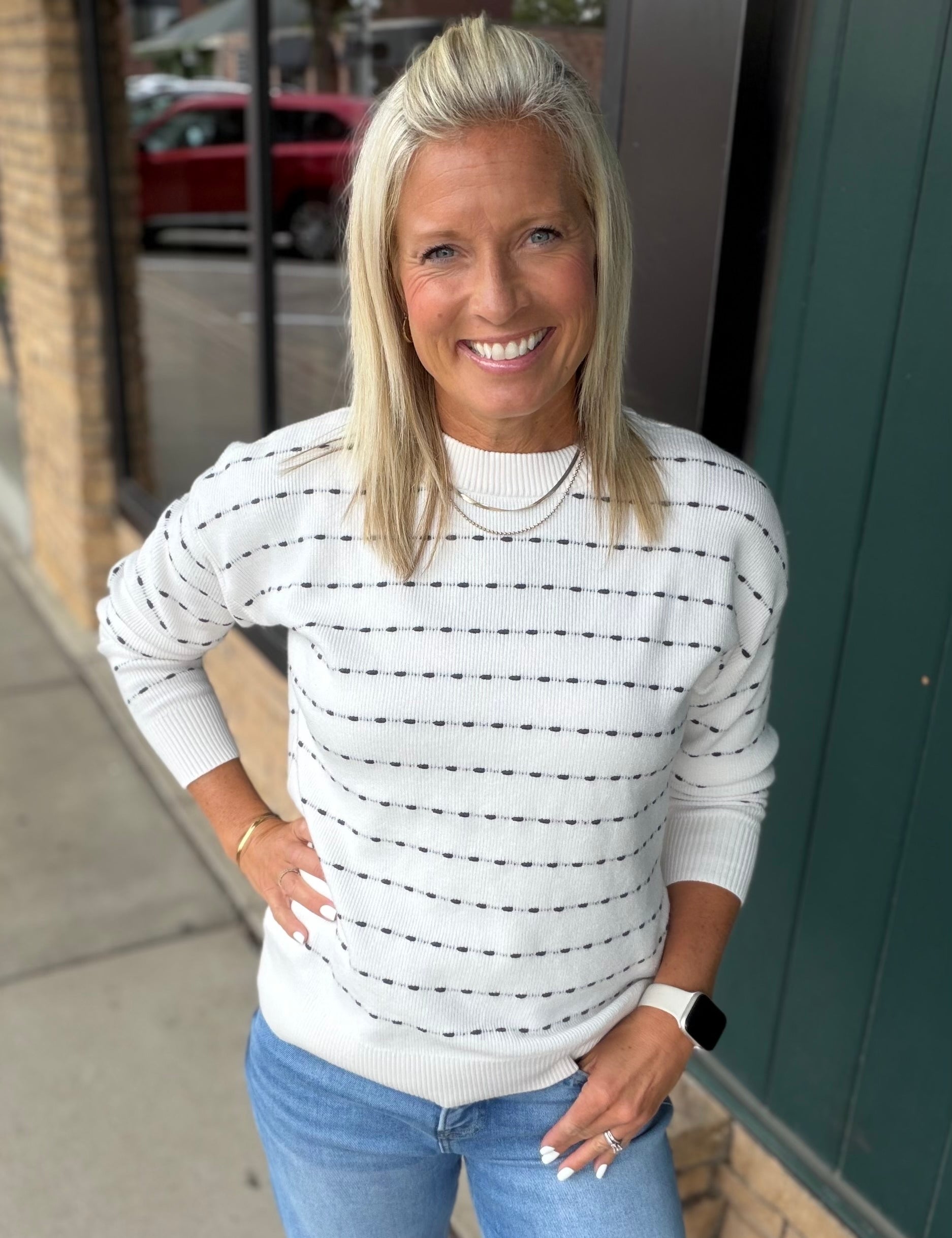 Ivory/Charcoal Textured Stripe Crew Neck Sweater Top - Sweater STACCATO