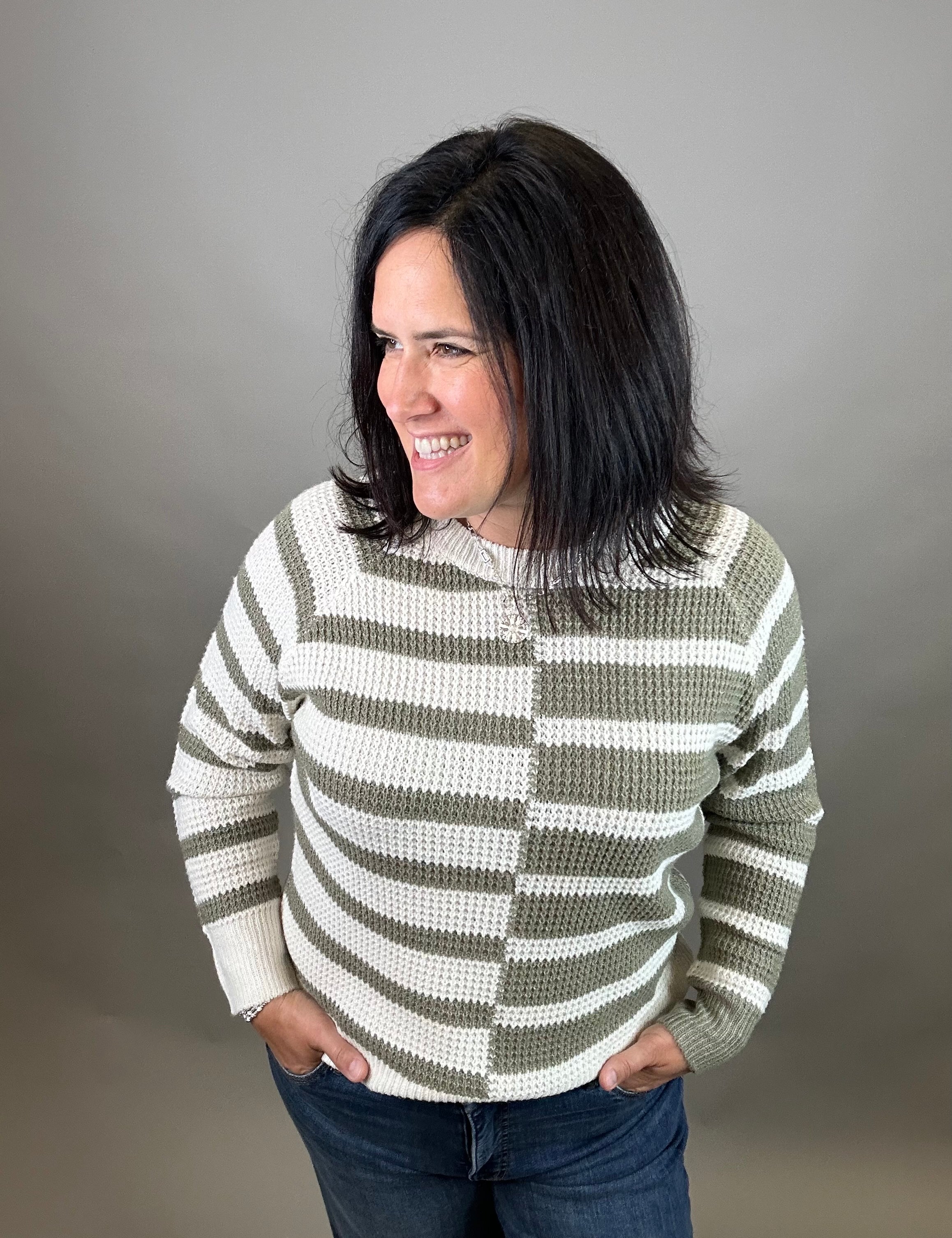 Lt. Olive Multi Stripe Raglan Sweater Top - Sweater STACCATO